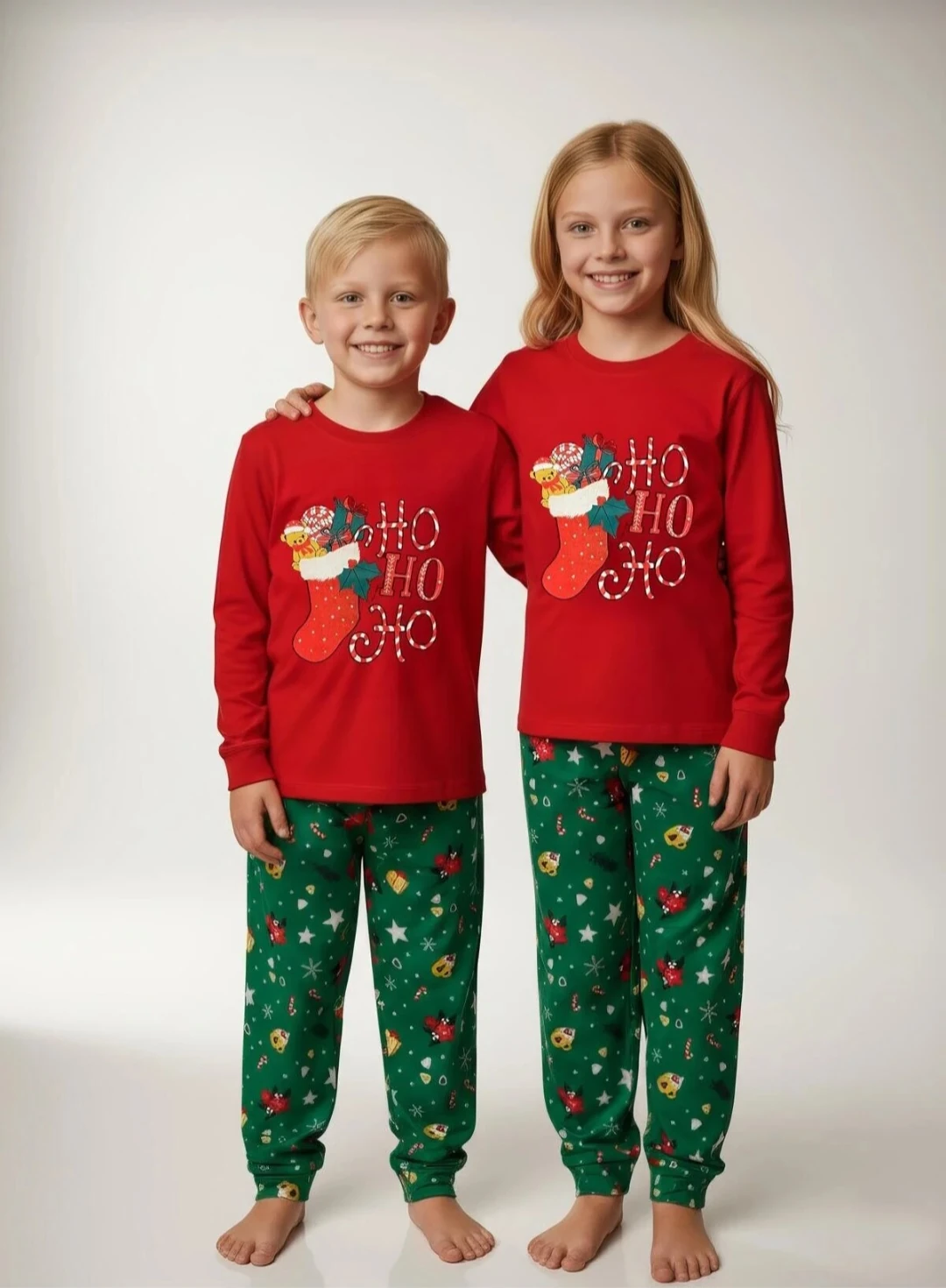 Yılbaşı Desen Kırmızı-Yeşil Unisex Çocuk Pijama Takım