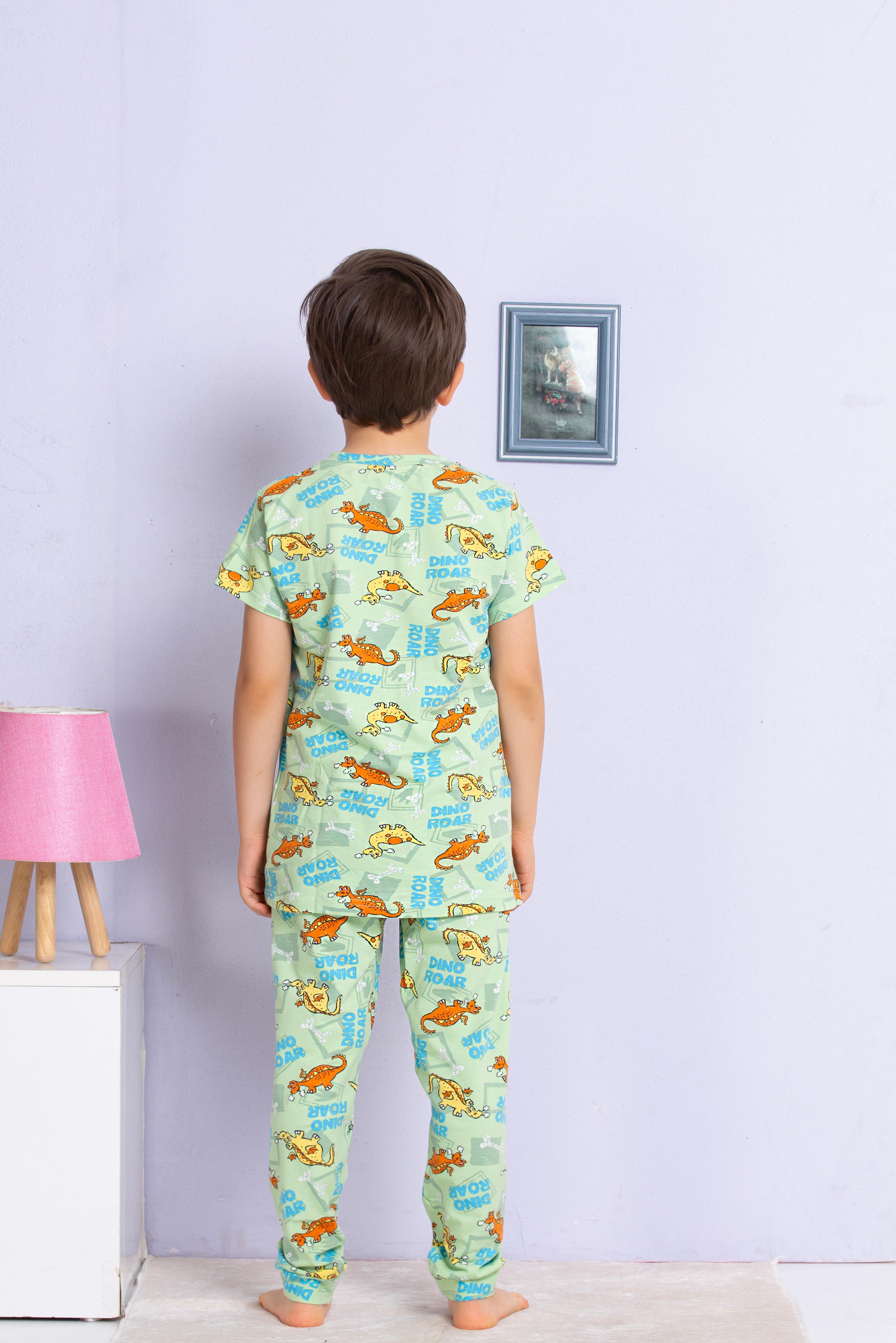 MinyKids Dinozor Desenli Yeşil Pijama Takımı