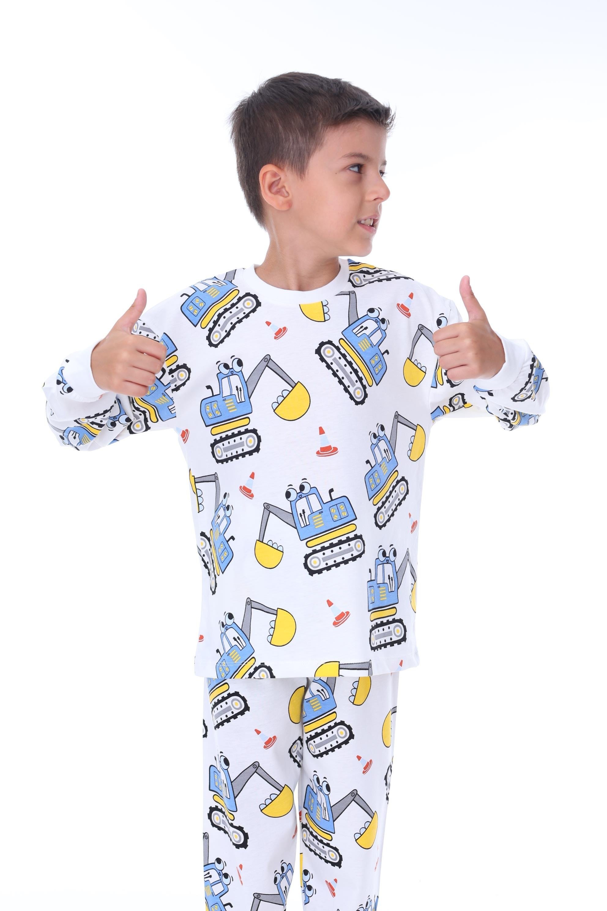 MinyKids İş Makinası Desenli Beyaz Çocuk Pijama Takımı