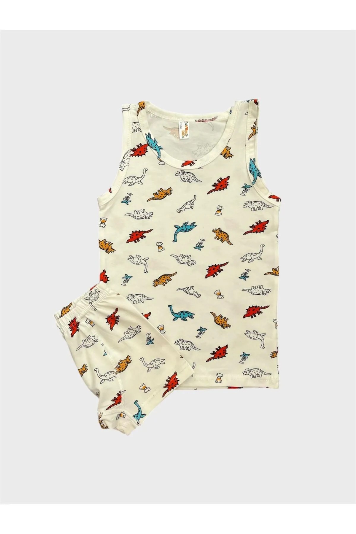 MinyKids Beyaz Dinozor Desen Erkek Çocuk Atlet Boxer Takım