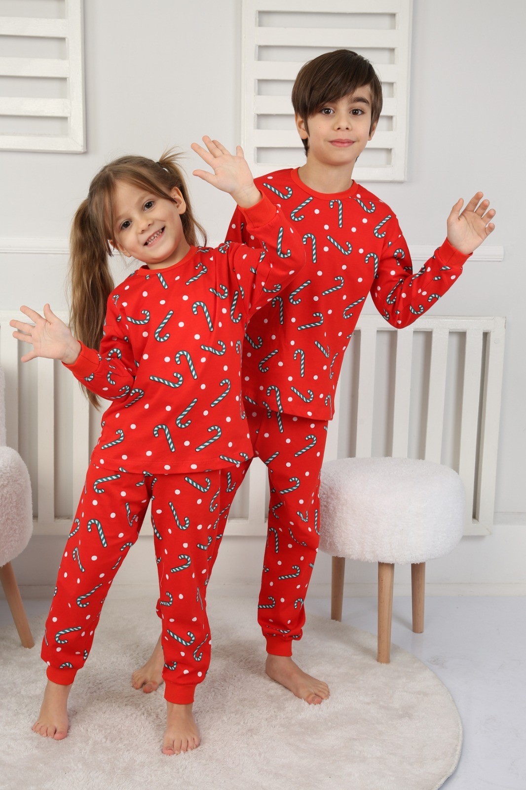 MinyKids Yılbaşı Desen Kırmızı Unisex Pijama Takım