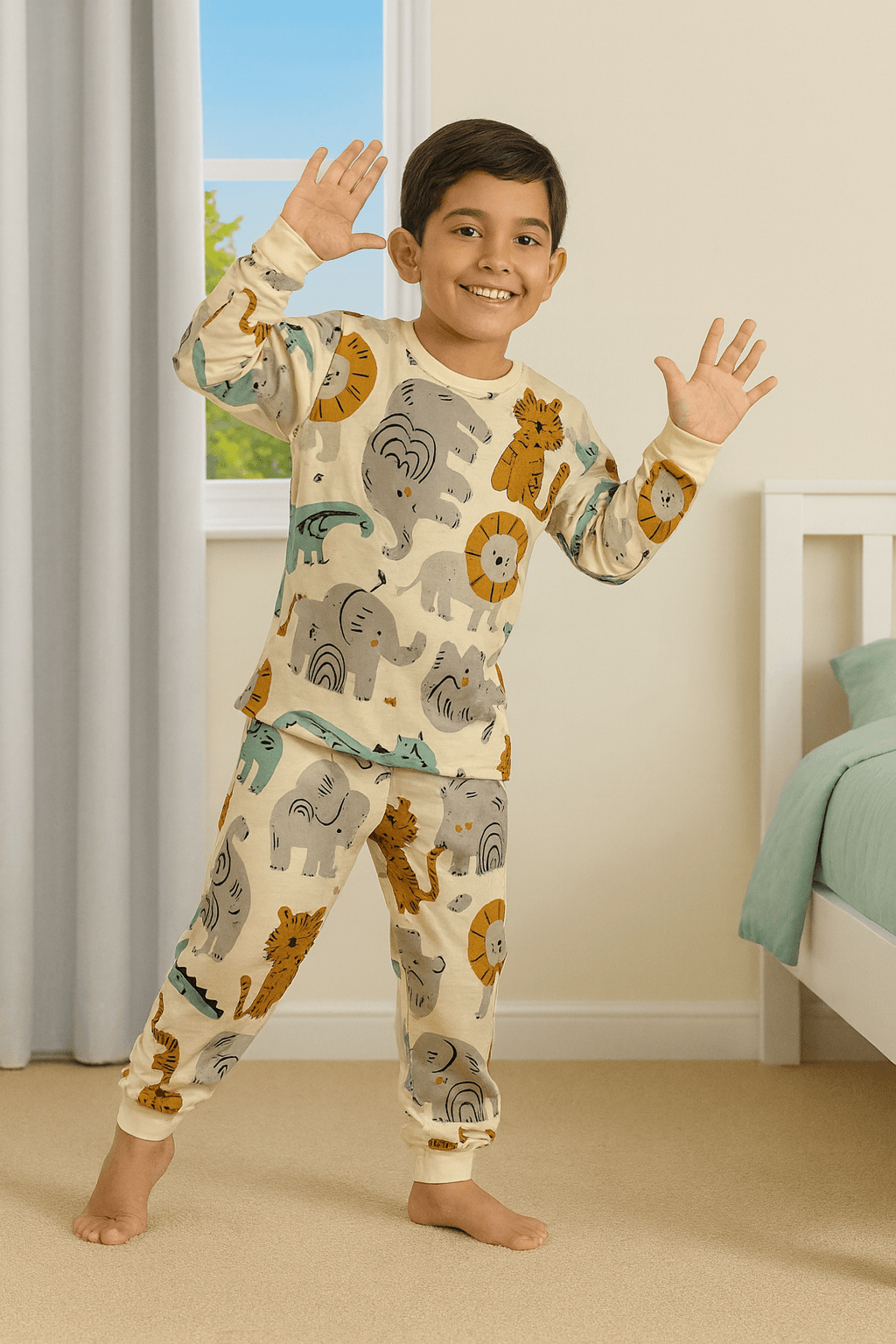 Hayvan Desen Krem Renk %100 Pamuklu Erkek Çocuk Pijama Takım
