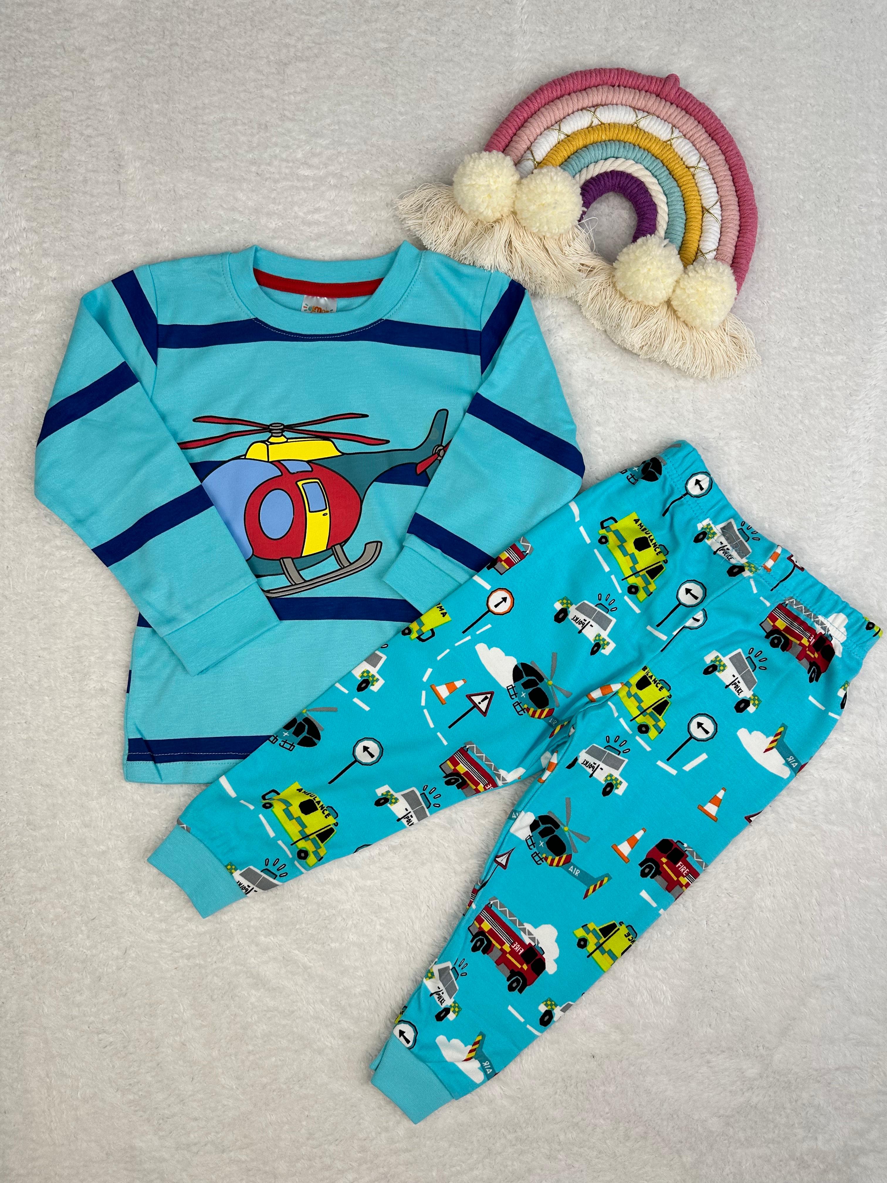 MinyKids Helikopter Desen Turkuaz Erkek Çocuk Pijama Takımı