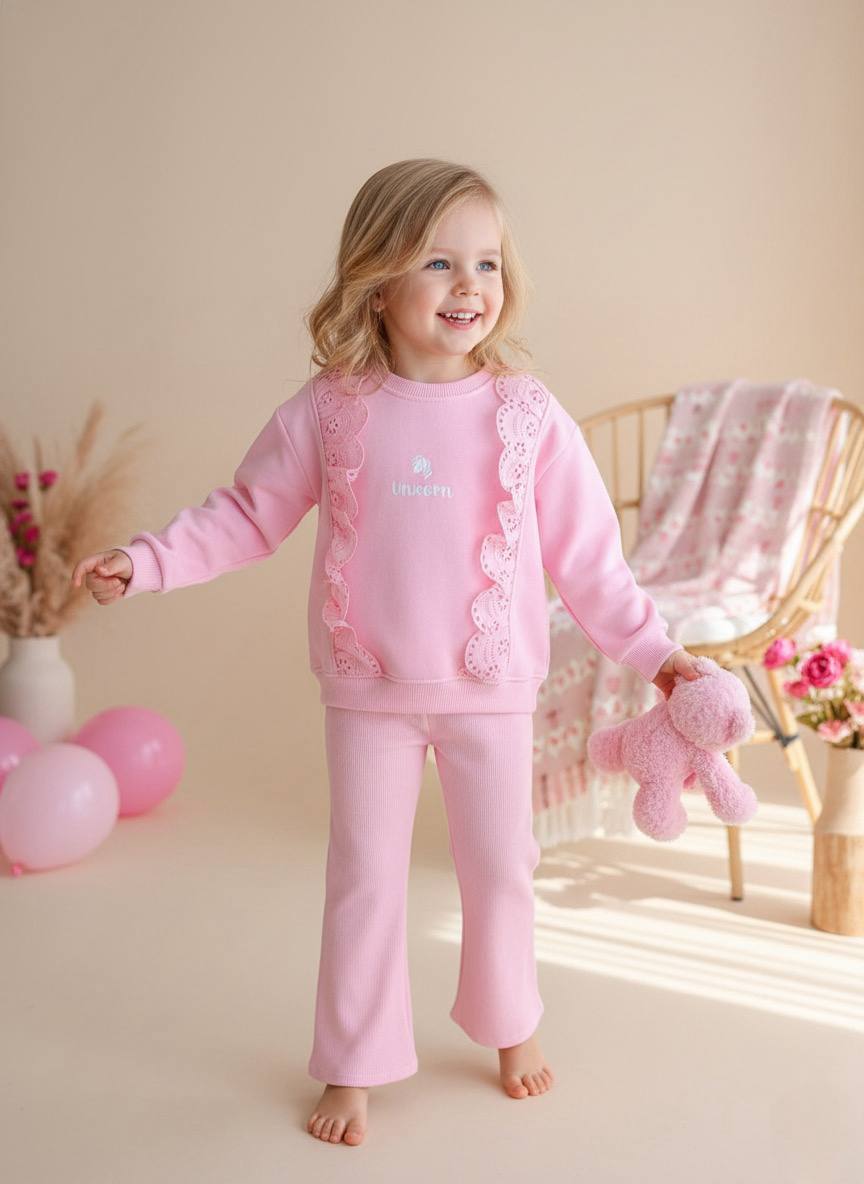 Unicorn Desen Pembe 3 İplik %100 Pamuk Kız Çocuk Alt Üst Takım