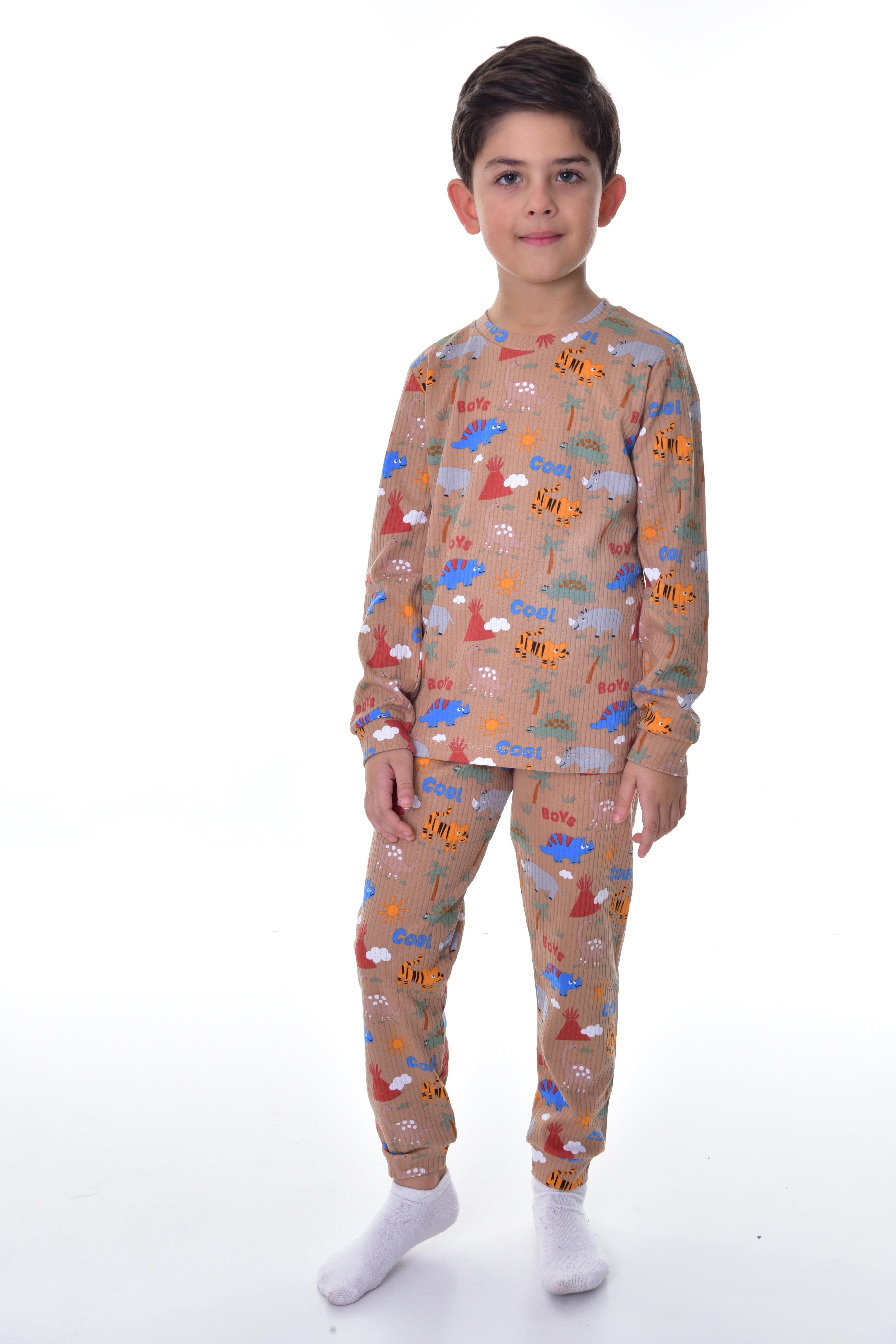 MinyKids Safari Desenli Kahverengi Fitilli Çocuk Pijama Takımı