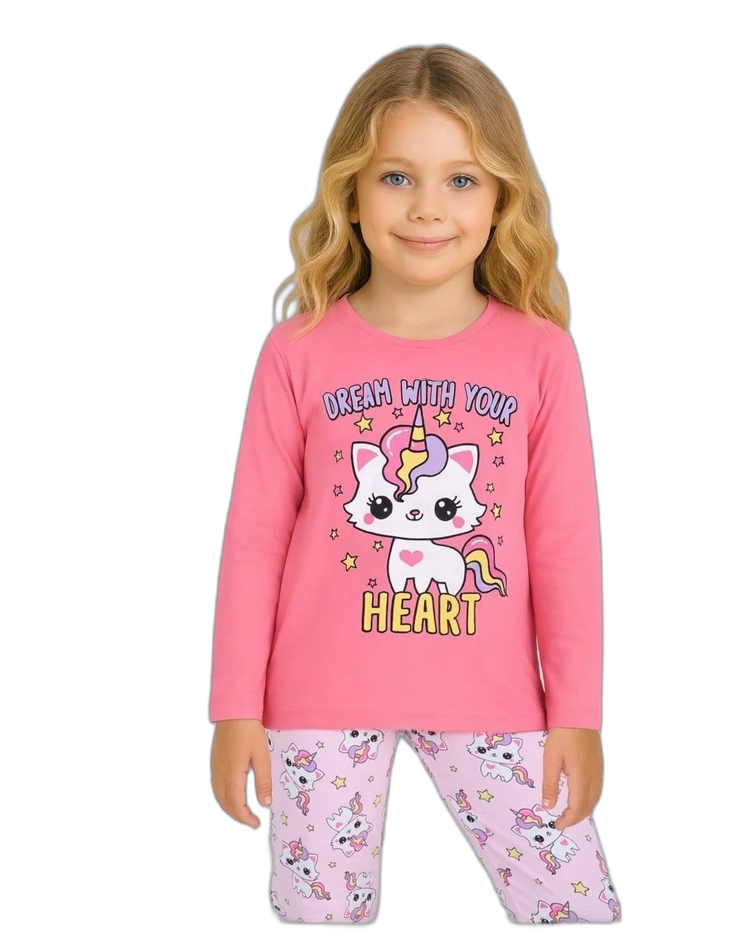 Unicorn Kedi Desen %100 Pamuk Koyu Pembe Kız Çocuk Pijama Takım