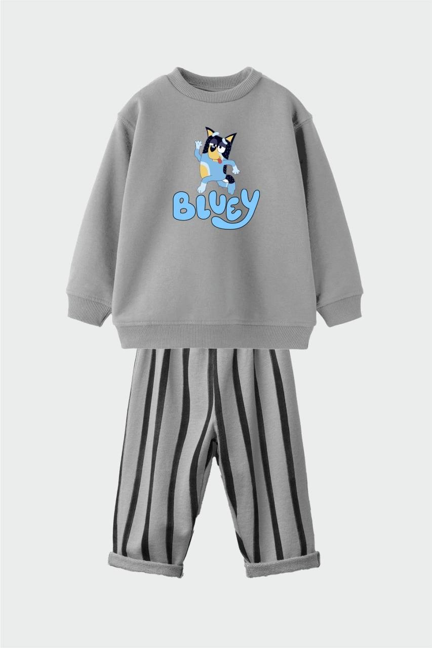 Bluey Çizgili Desen Gri %100 Pamuk Erkek Çocuk Alt Üst Takım