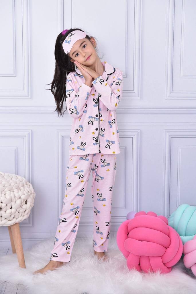 MinyKids Tavşan Desen Pembe Kız Çocuk Pijama Takım