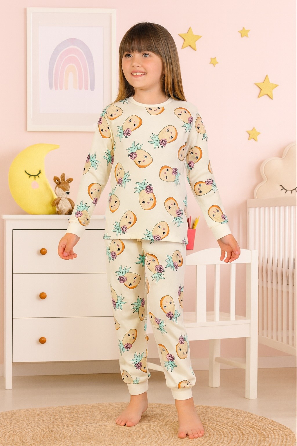 MinyKids Ananas Desen %100 Pamuklu Ekru Kız Çocuk Pijama Takım