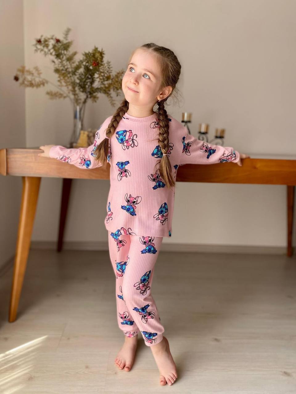 MinyKids Pembe Stitch Desen Fitilli Kız Çocuk Pijama Takım