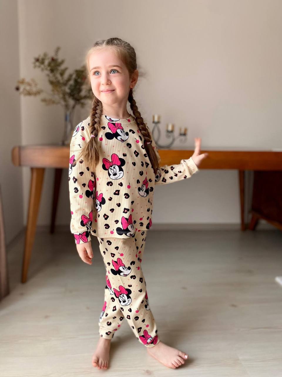 MinyKids Bej Minnie Mouse Desen Fitilli Kız Çocuk Pijama Takım