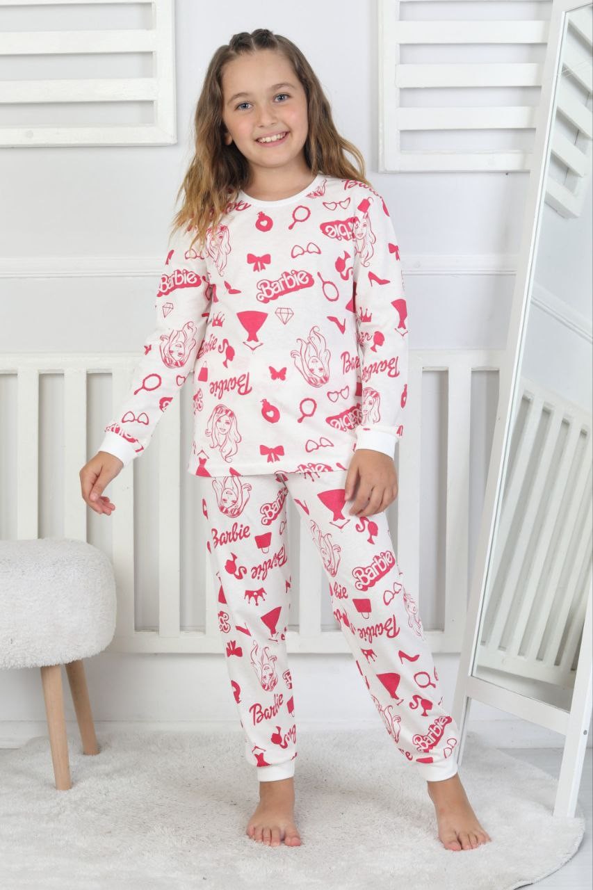 MinyKids Barbie Desen %100 Pamuklu Ekru Kız Çocuk Pijama Takım