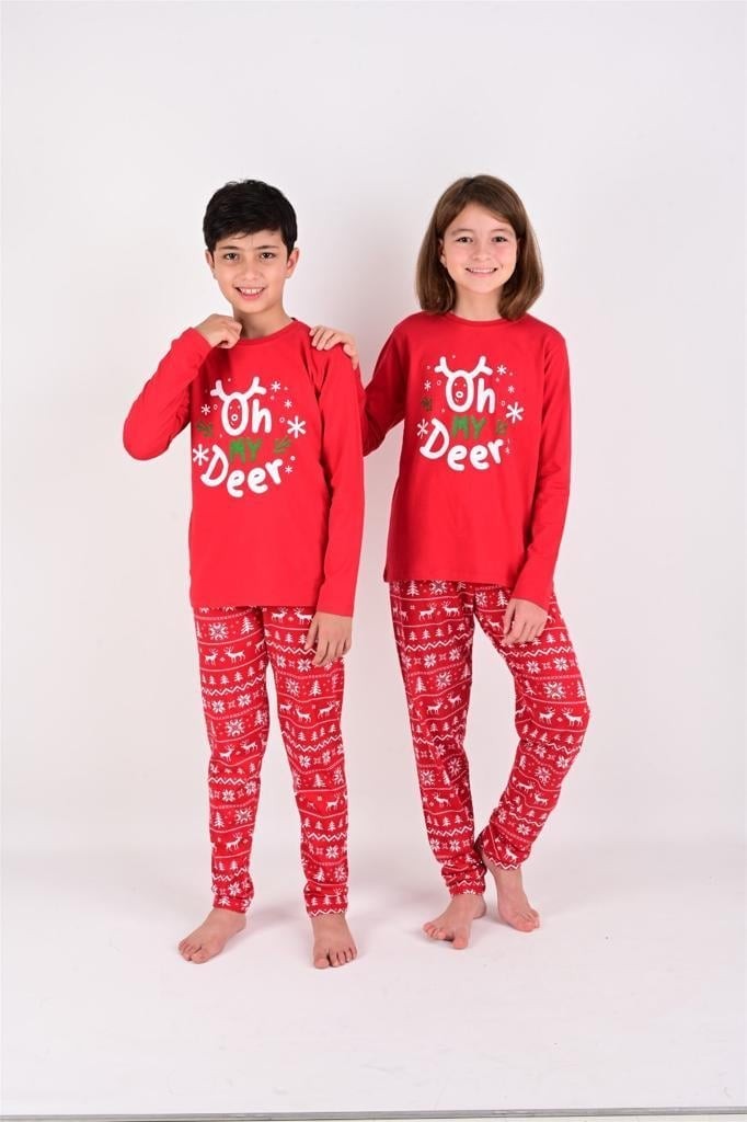 MinyKids Yılbaşı Desen Kırmızı Unisex Pijama Takım