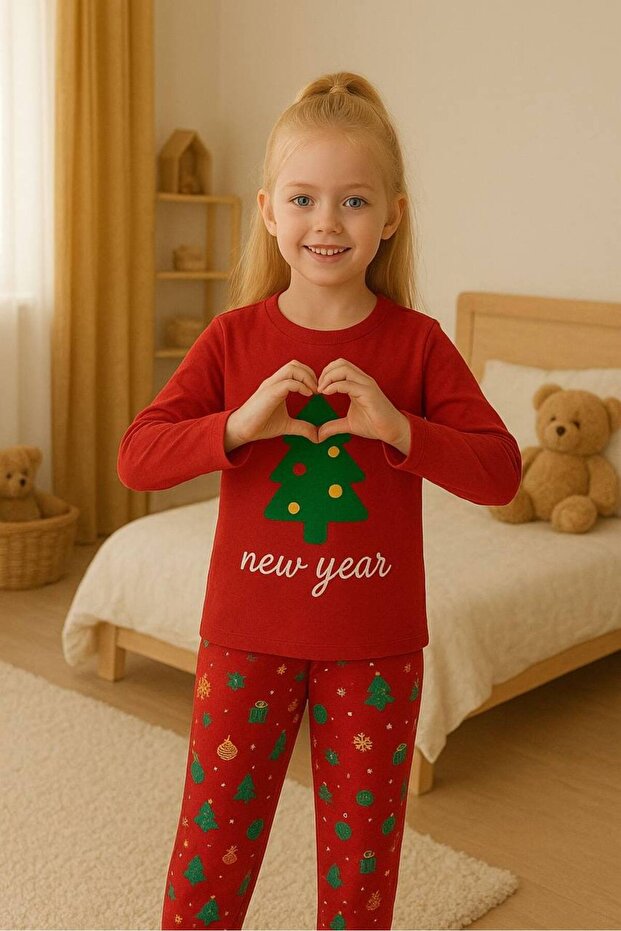 Yılbaşı Desen Kırmızı Kız Çocuk Pijama Takım