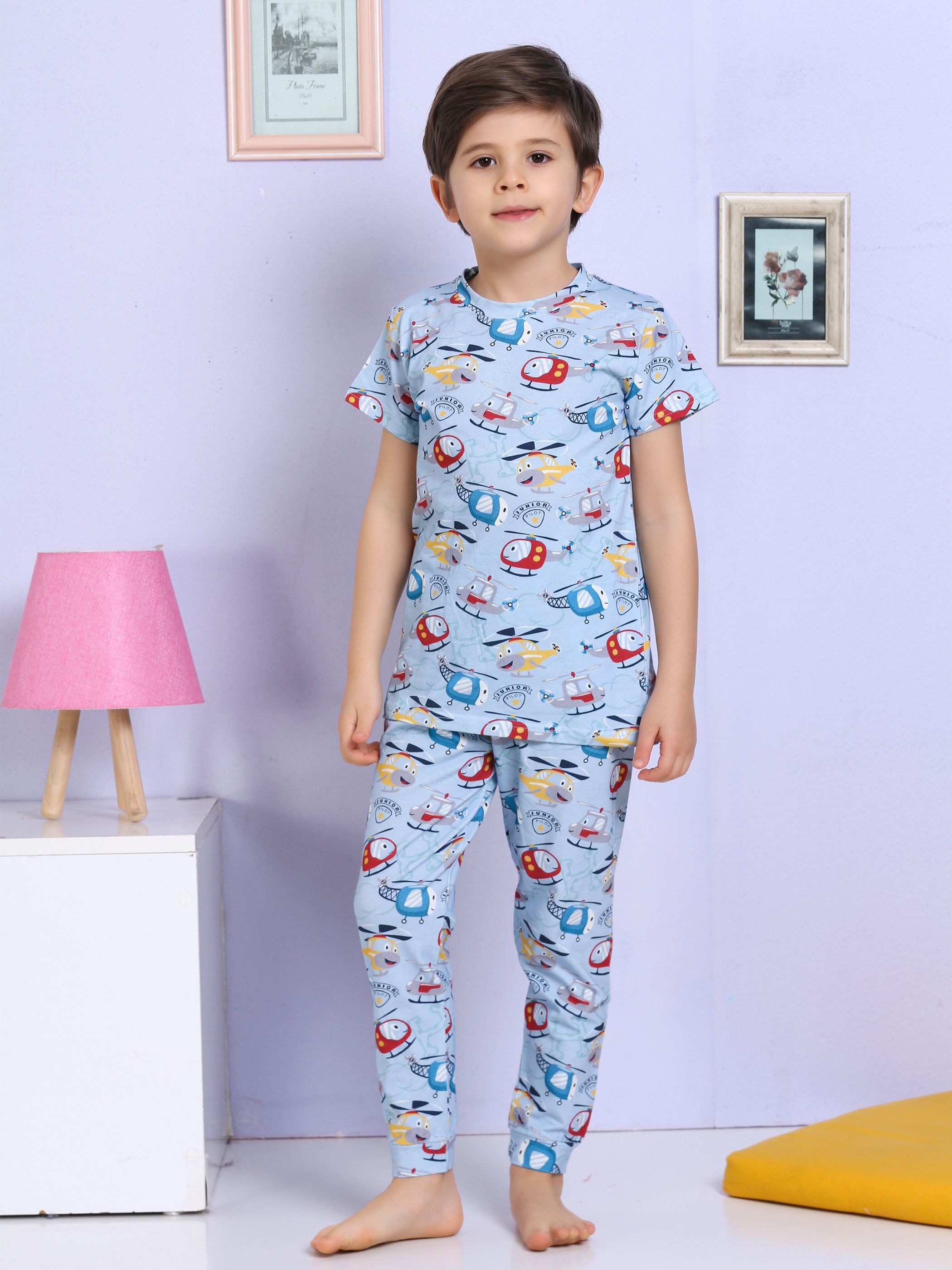 MinyKids Helikopter Desenli Mavi Pijama Takımı