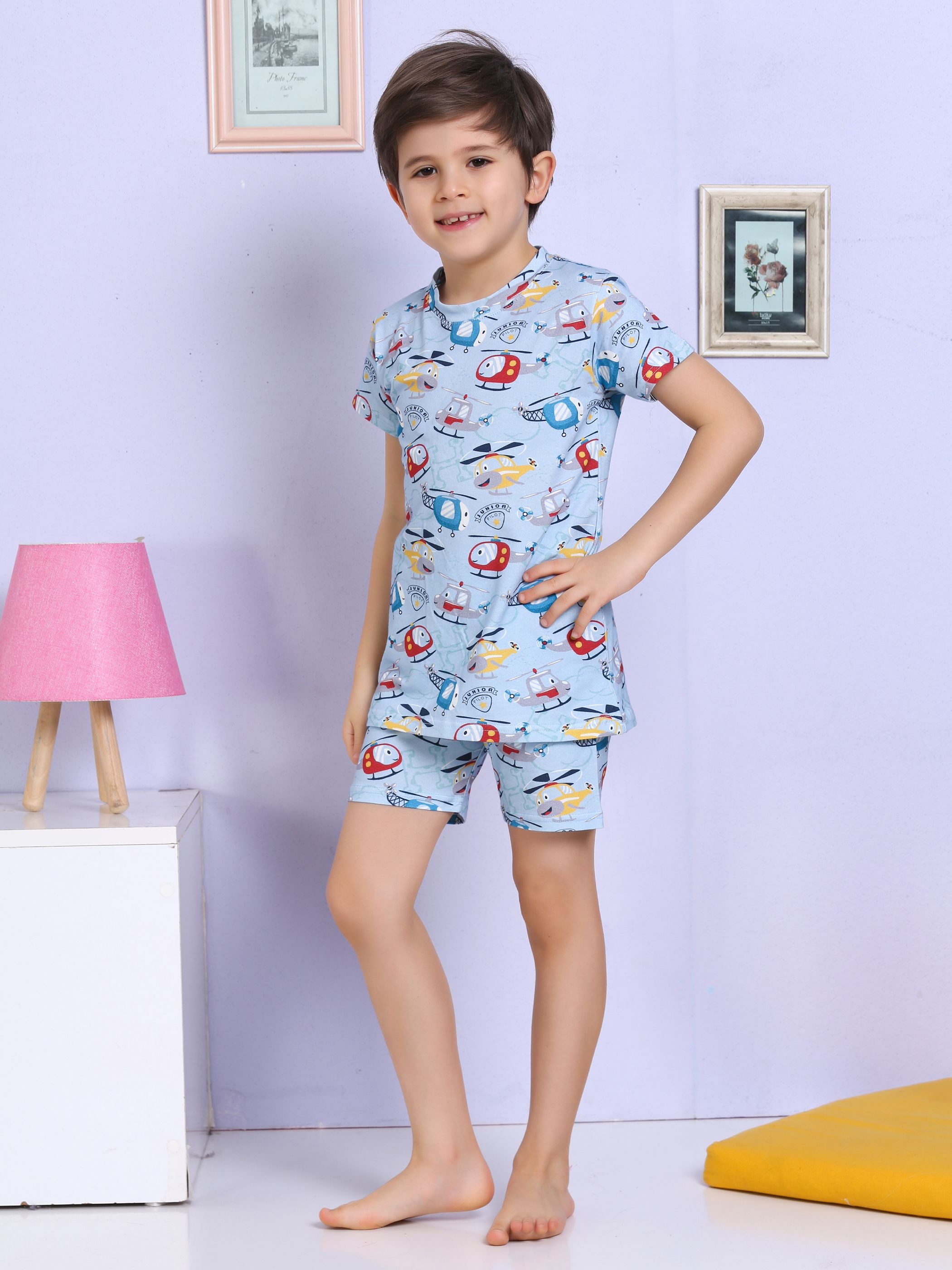 MinyKids Helikopter Desenli Şortlu Mavi Pijama Takımı