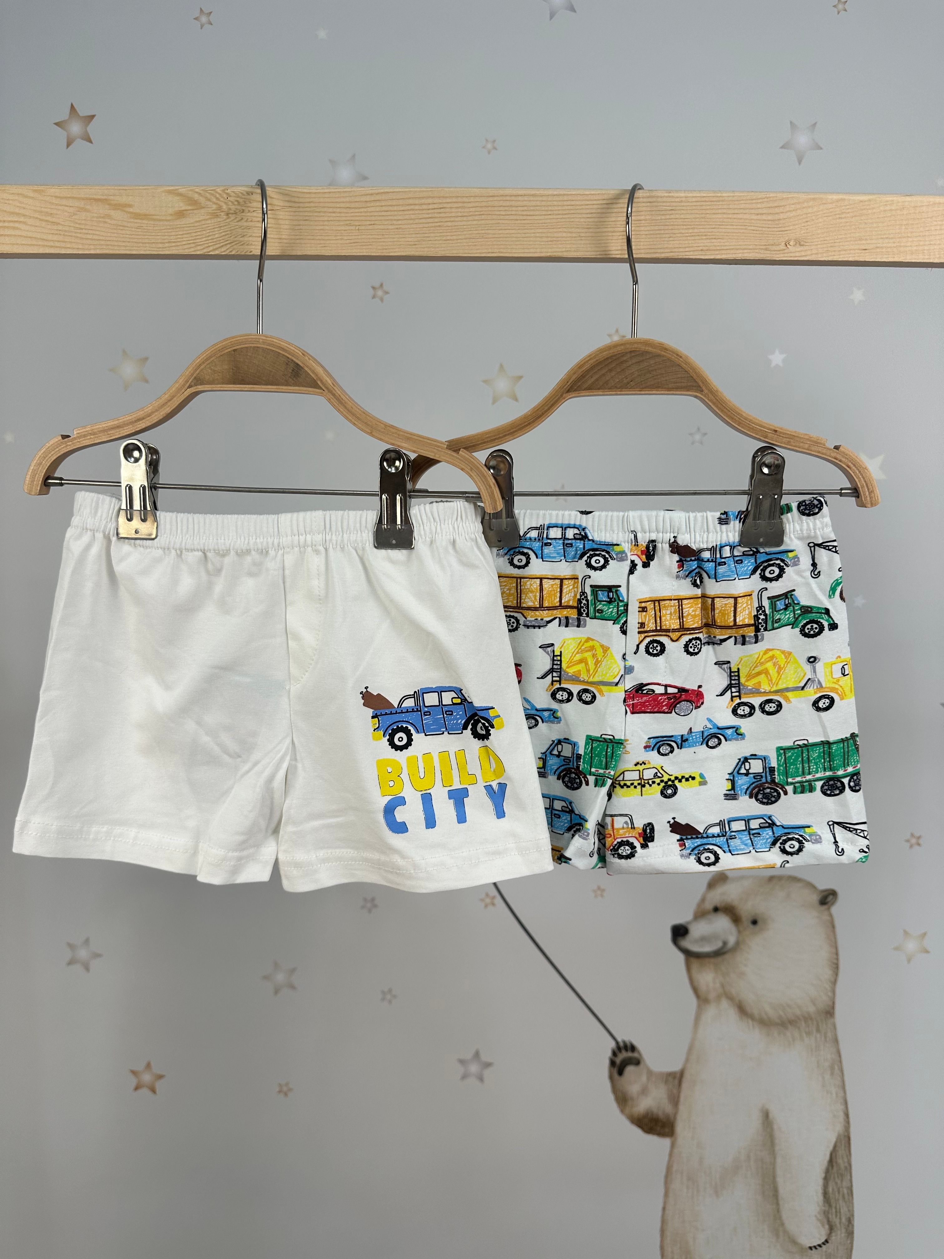 MinyKids Araba Desen Beyaz 2'li Çocuk Boxer Set