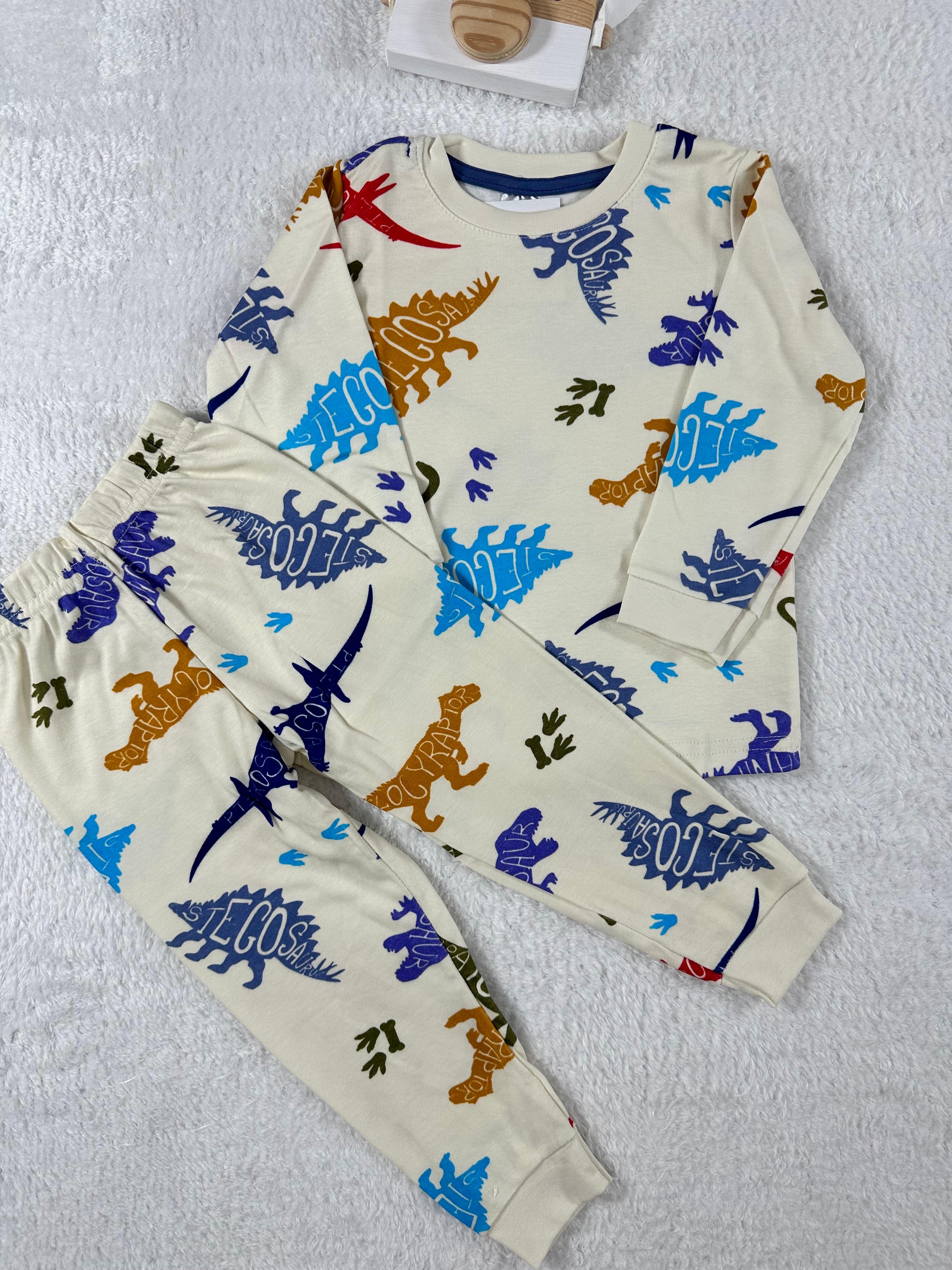 MinyKids Dinozor Desen Krem Renk Erkek Çocuk Pijama Takım