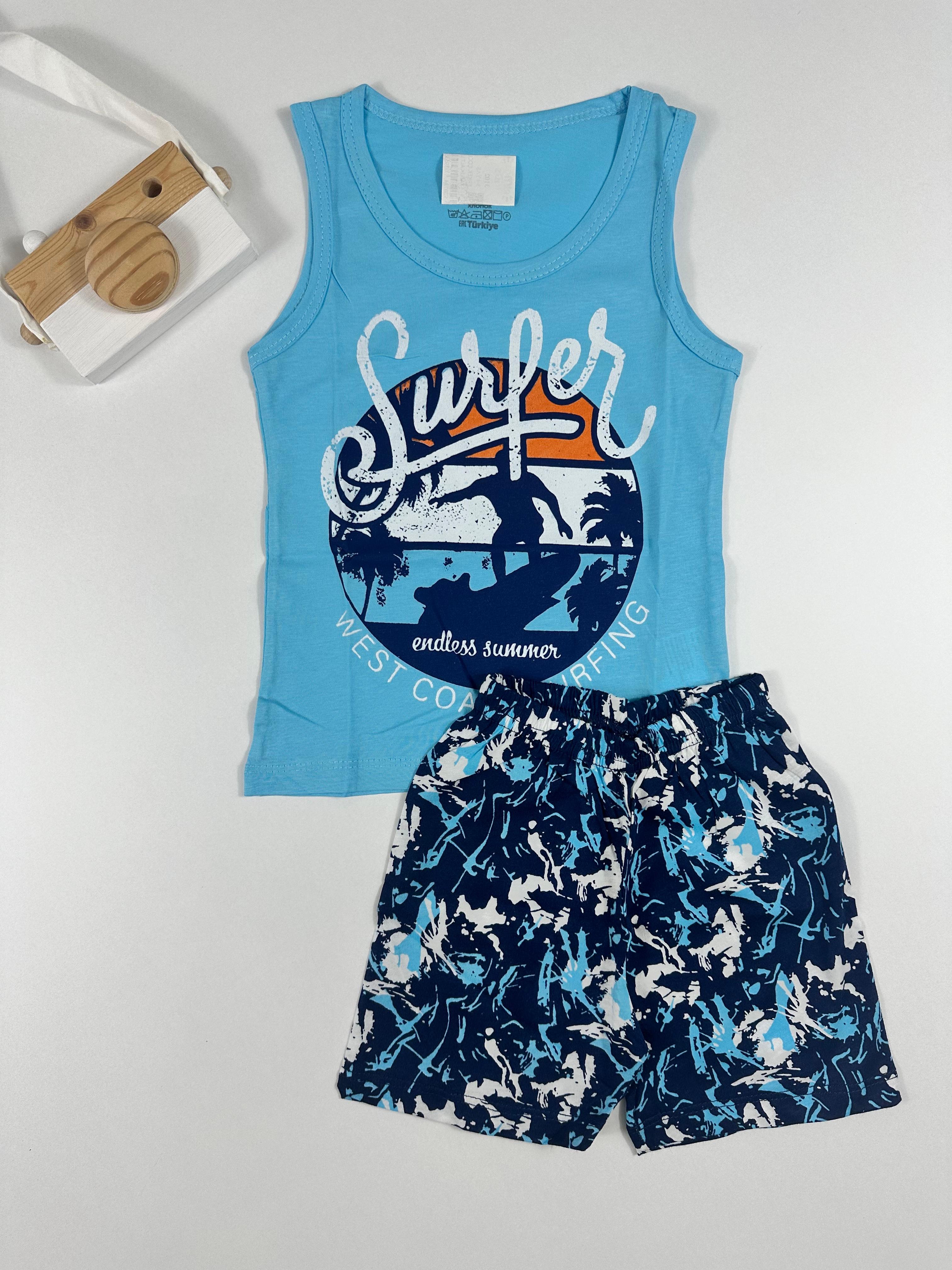 MinyKids Surf Desen Turkuaz Askılı Şortlu %100 Pamuklu Erkek Çocuk Pijama Takım