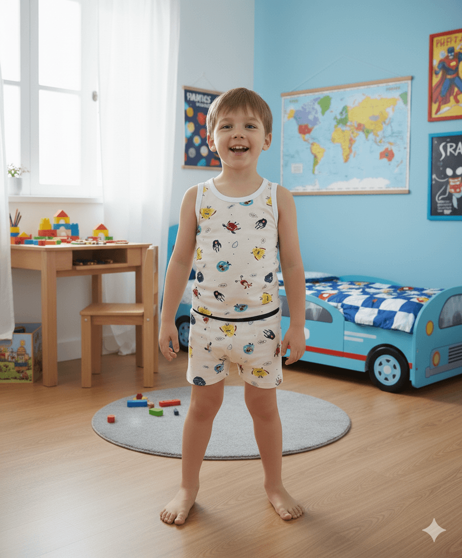Beyaz Sevimli Canavar Desen Erkek Çocuk Atlet Boxer Takım