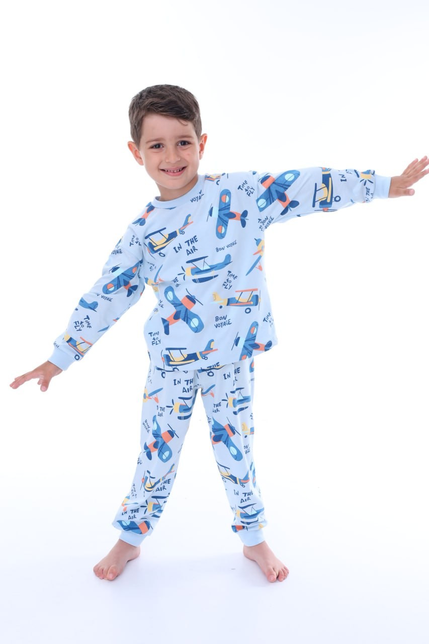 MinyKids Uçak Desen Mavi Erkek Çocuk Pijama Takım