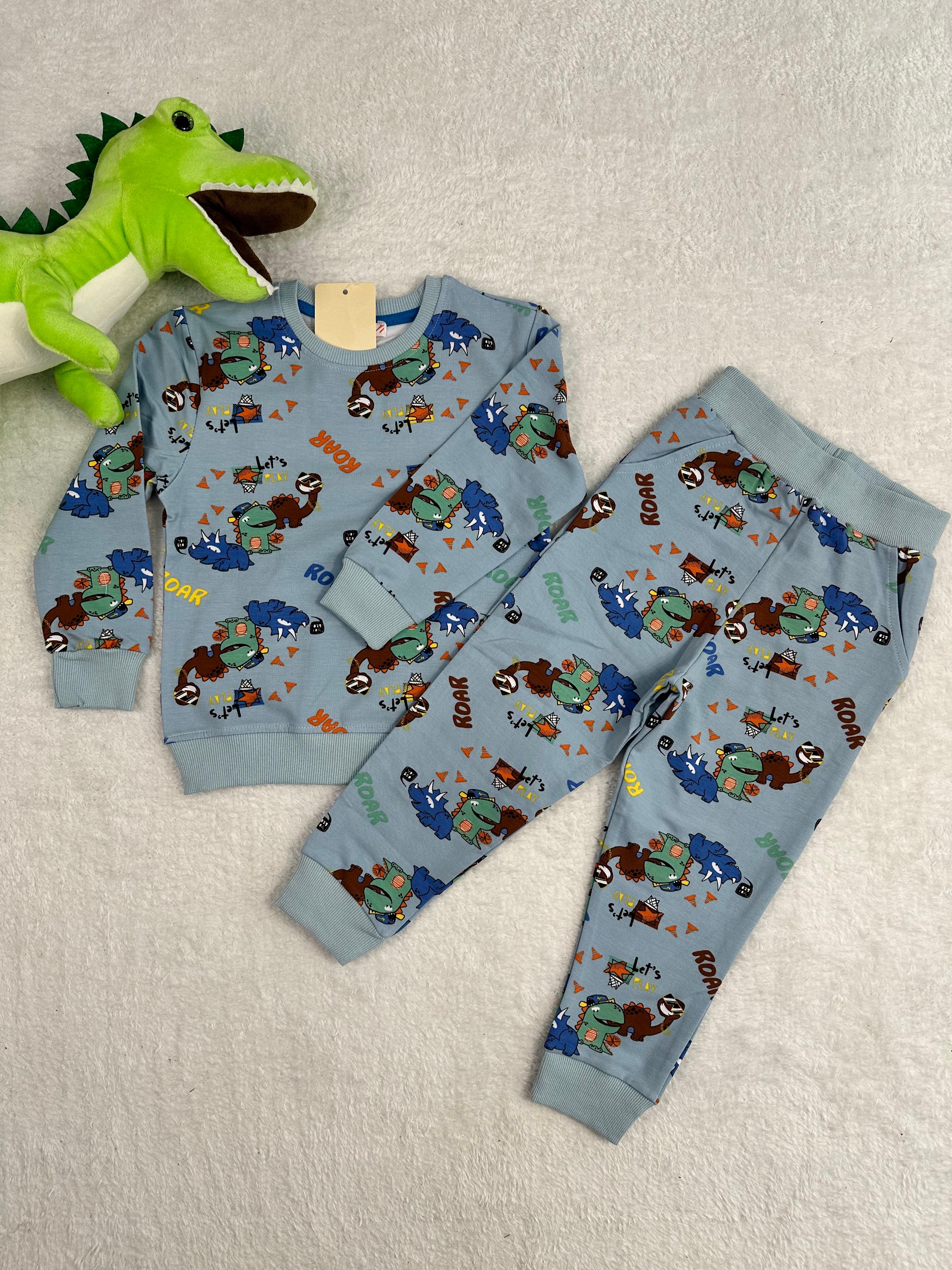 MinyKids Dinozor Desen Cepli 3İplik Mavi Erkek Çocuk Pijama Takım