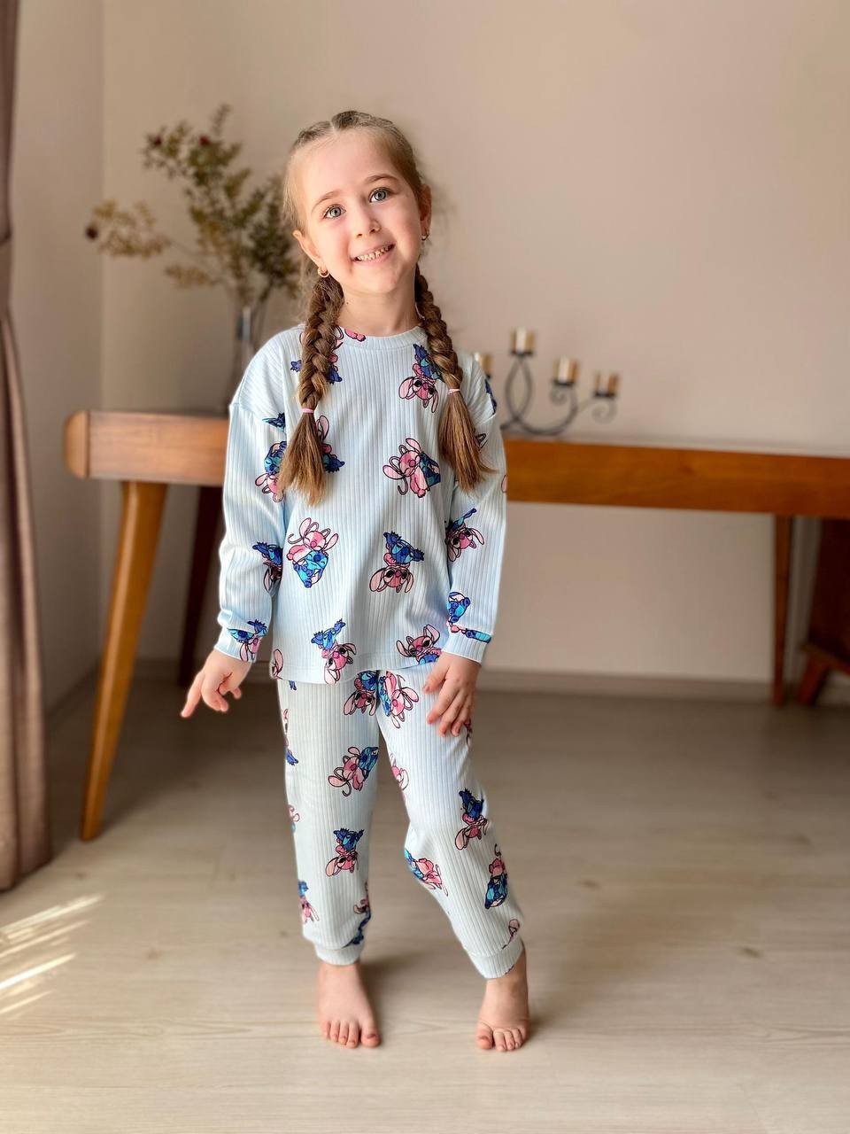 MinyKids Buz Mavisi Stitch Desen Fitilli Kız Çocuk Pijama Takım