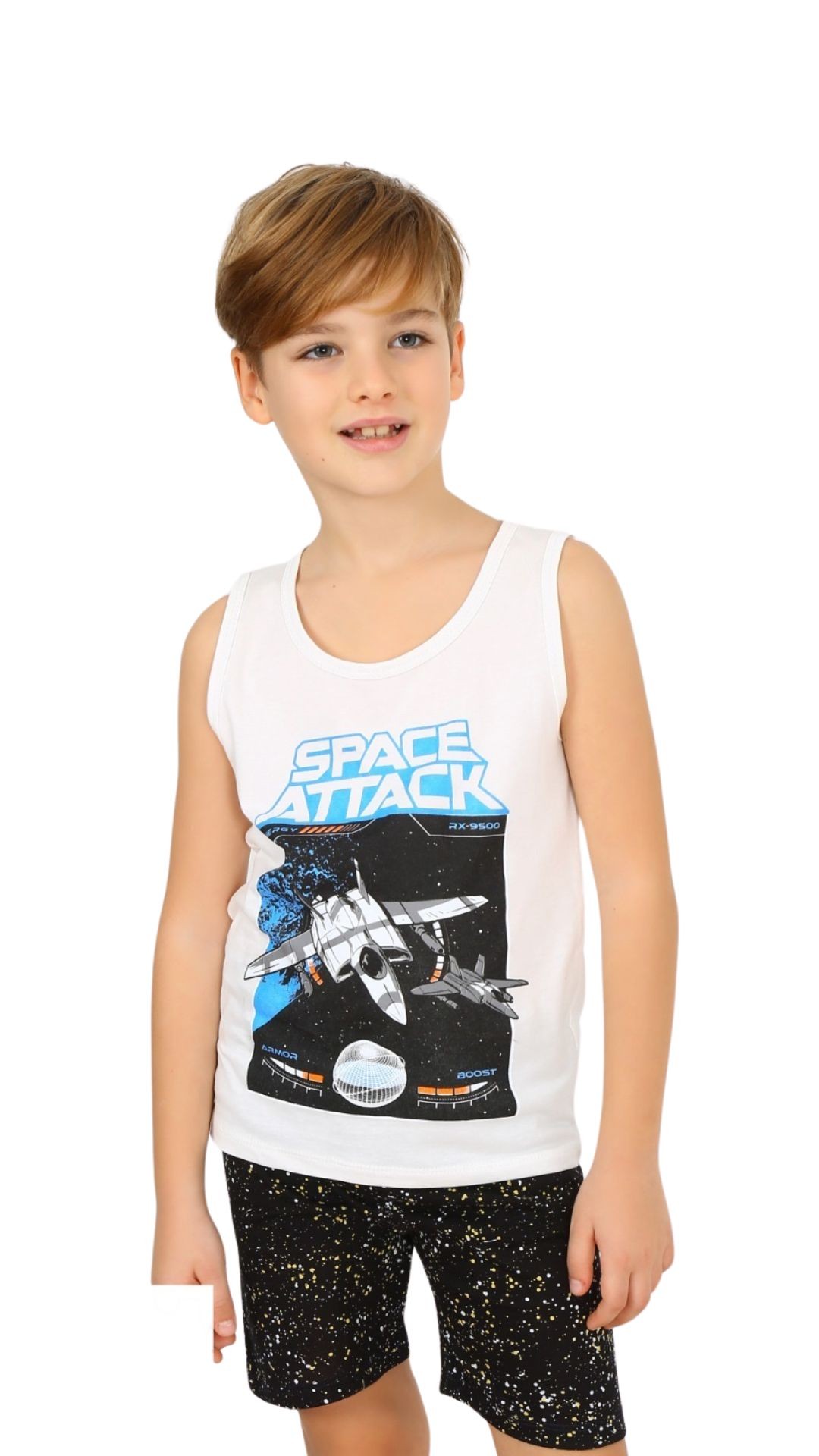 MinyKids Dinozor Desen Beyaz Askılı Şortlu %100 Pamuklu Erkek Çocuk Pijama Takım