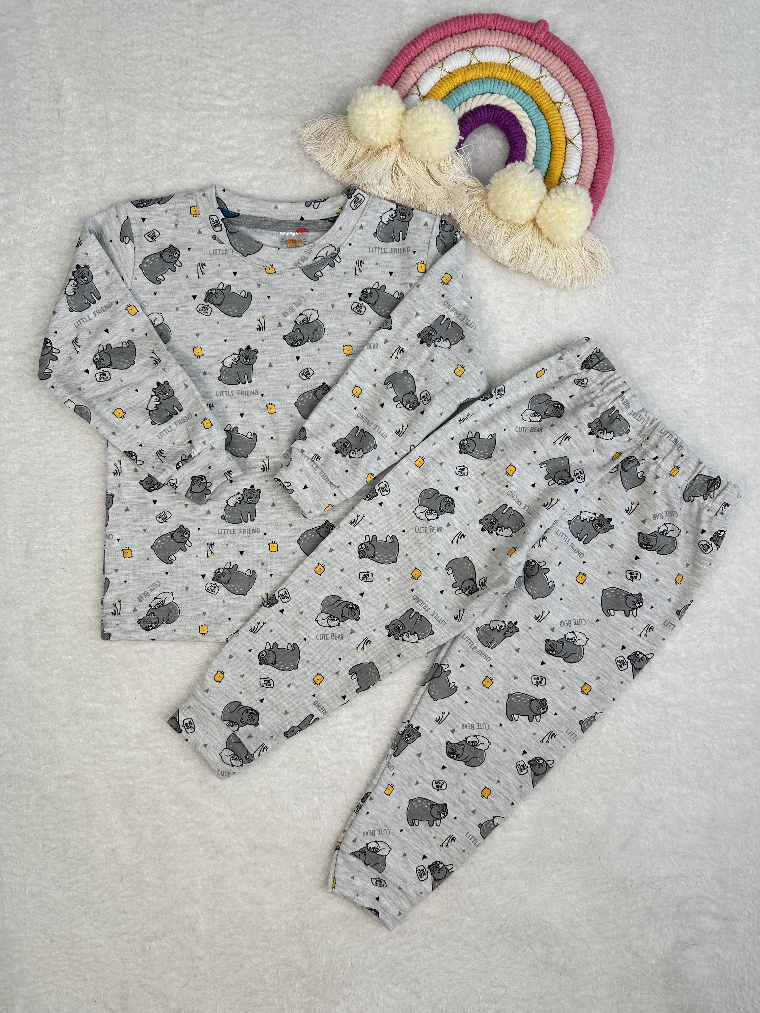 MinyKids Ayıcık Desen Gri Erkek Çocuk Pijama Takımı
