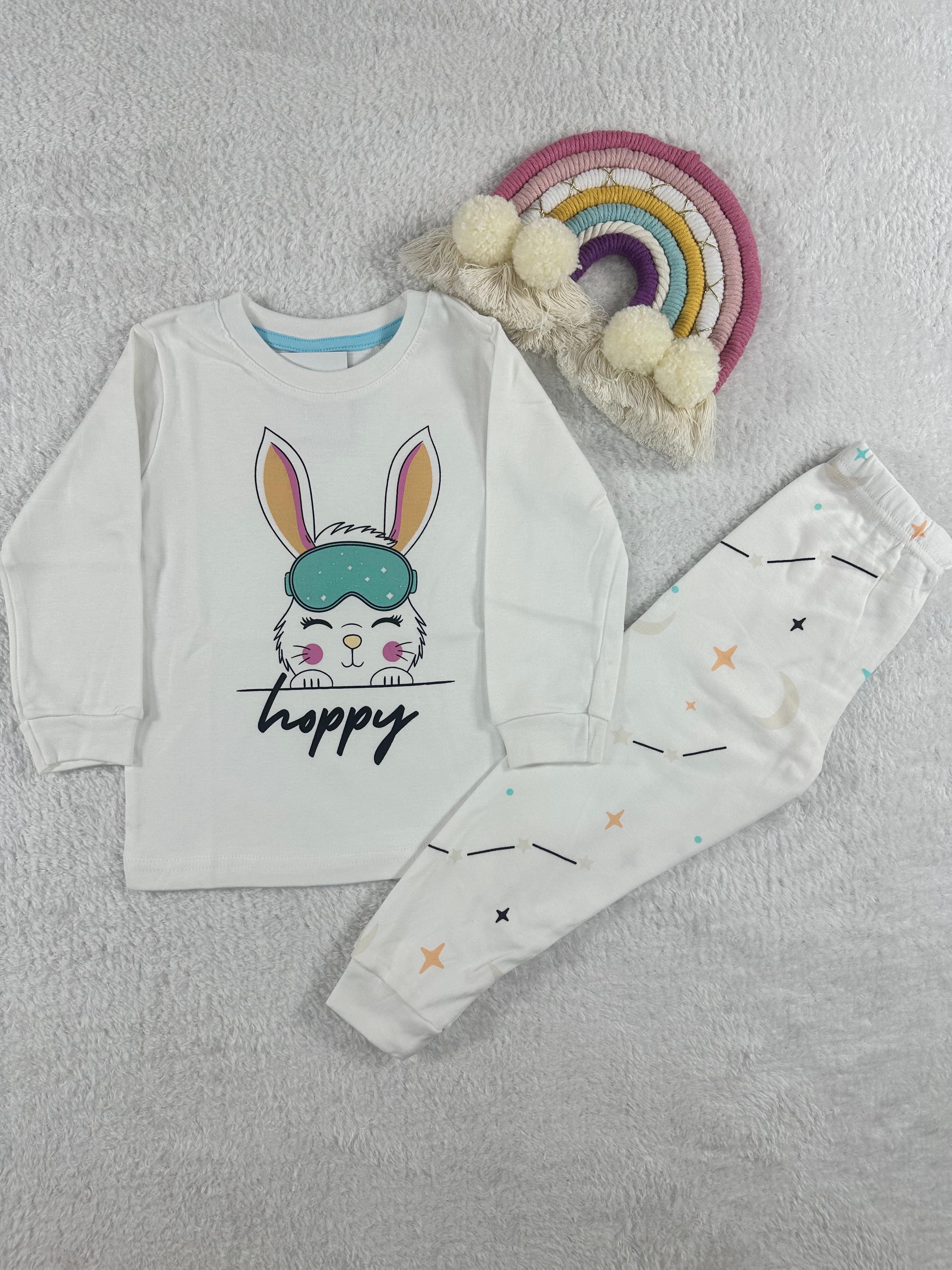 MinyKids Tavşan Desen Beyaz Kız Çocuk Pijama Takım