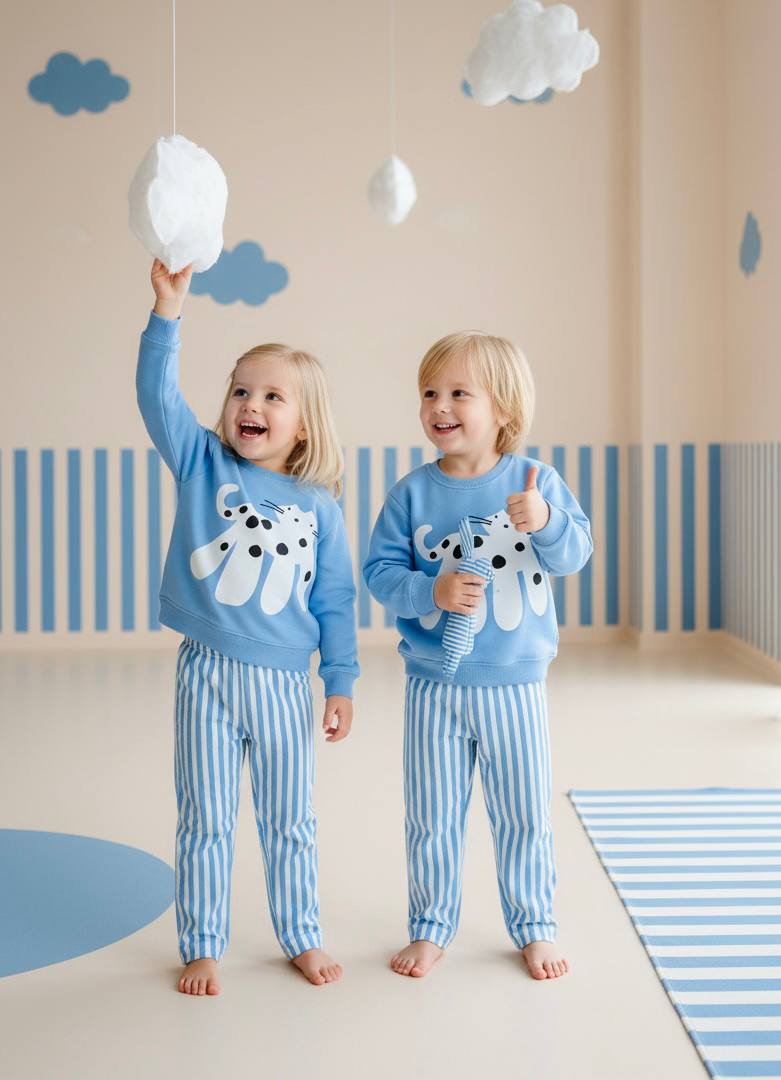 Kedi Desen Unisex Açık Mavi 3 İplik %100 Pamuk Altüst Takım