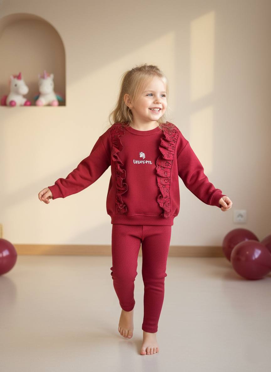 Unicorn Desen Bordo 3 İplik %100 Pamuk Kız Çocuk Alt Üst Takım