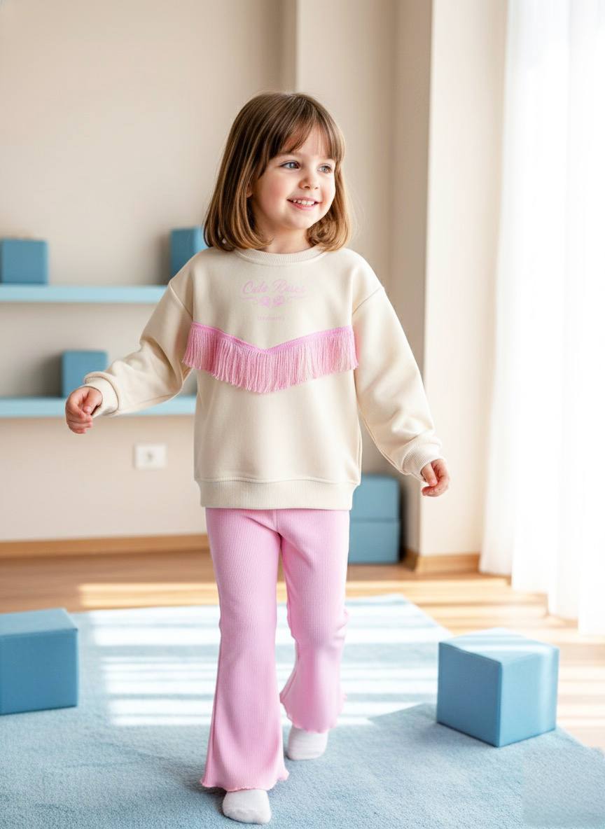 Püsküllü Krem-Pembe Renk 3 İplik %100 Pamuk Kız Çocuk Alt Üst Takım
