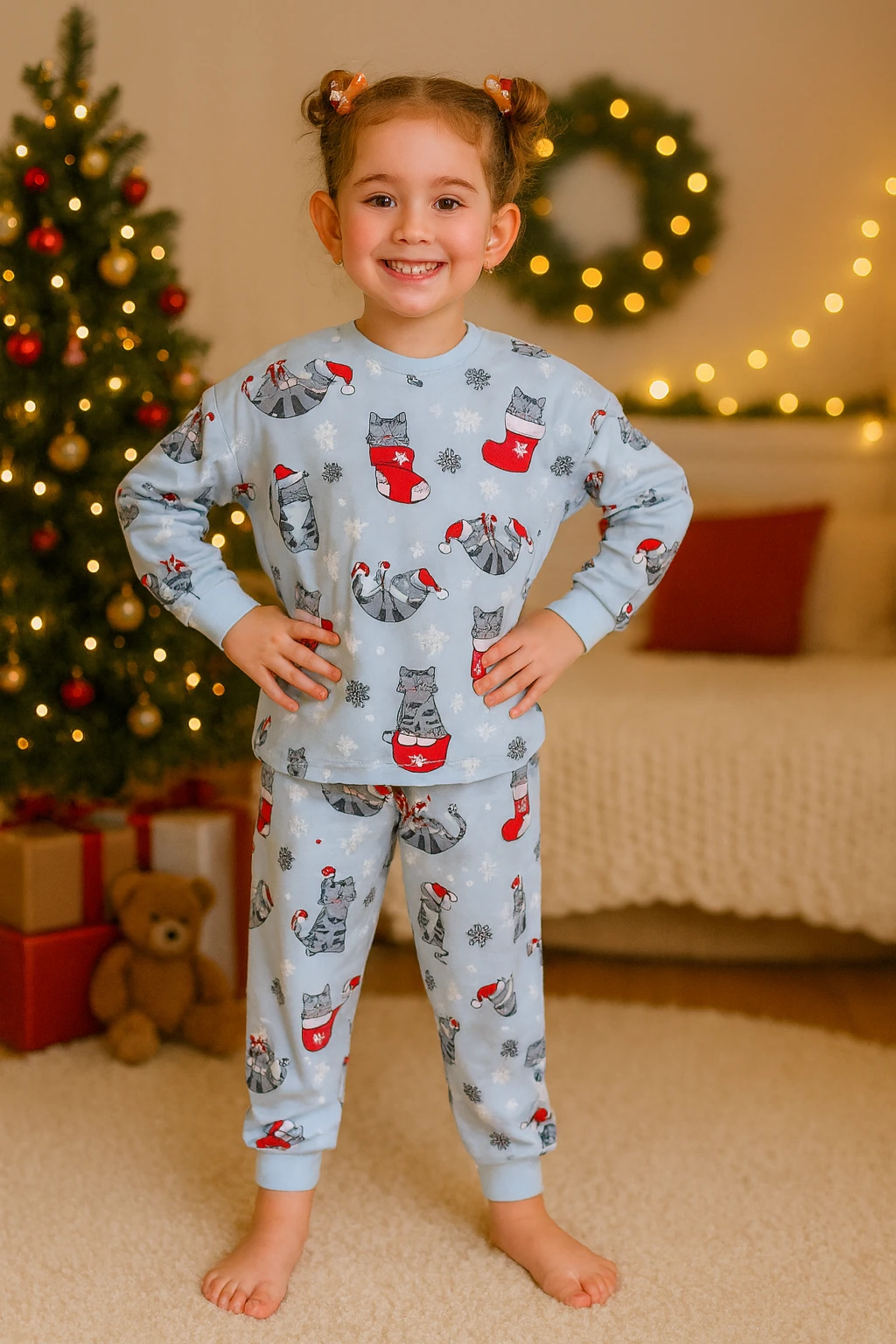 Yılbaşı Desen Çizmeli Kedili Gri Çocuk Pijama Takımı