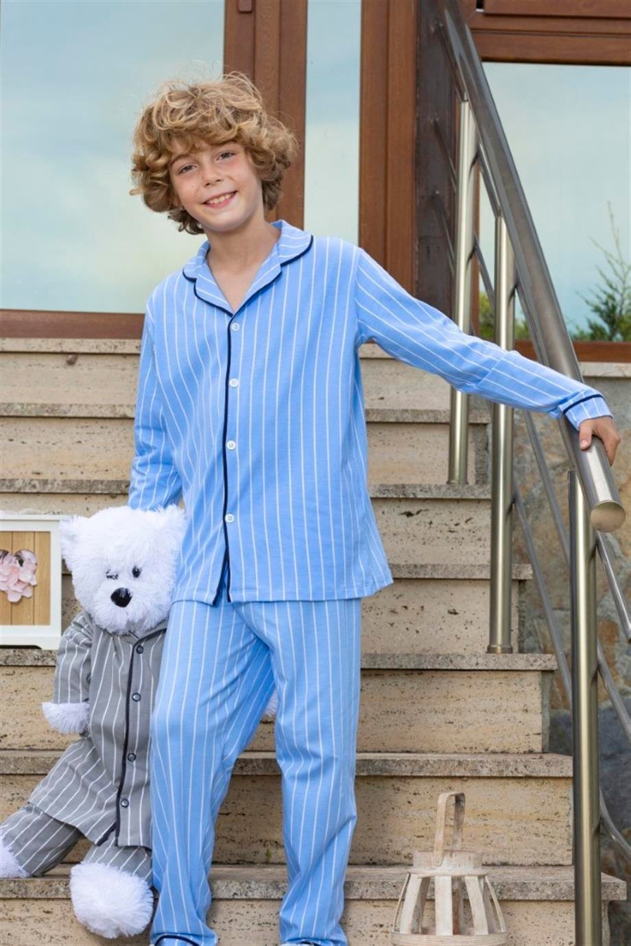 MinyKids Çizgili Mavi Beyaz Düğmeli Erkek Çocuk Pijama Takım