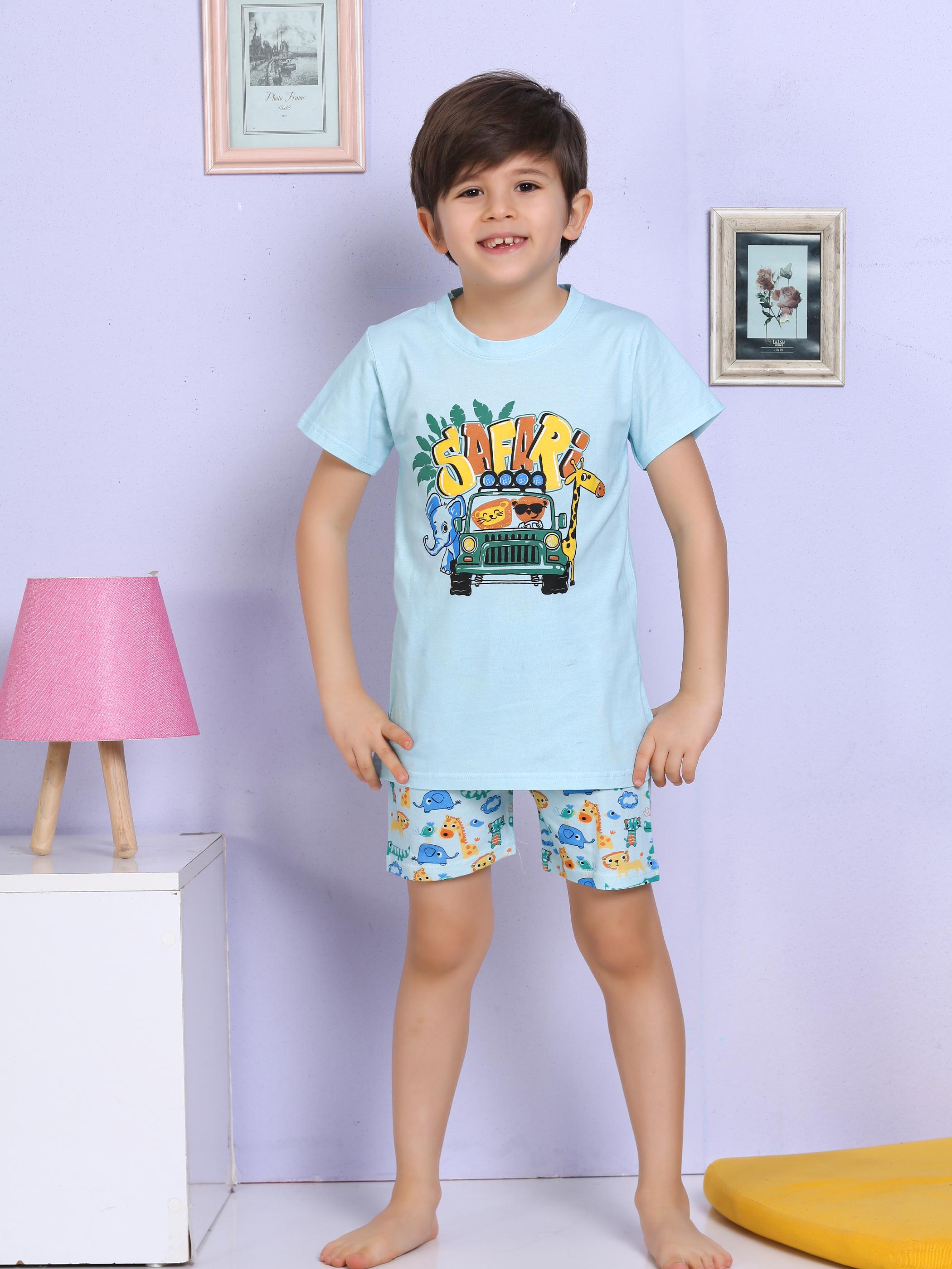 MinyKids Safari Desenli Turkuaz Şortlu Pijama Takımı