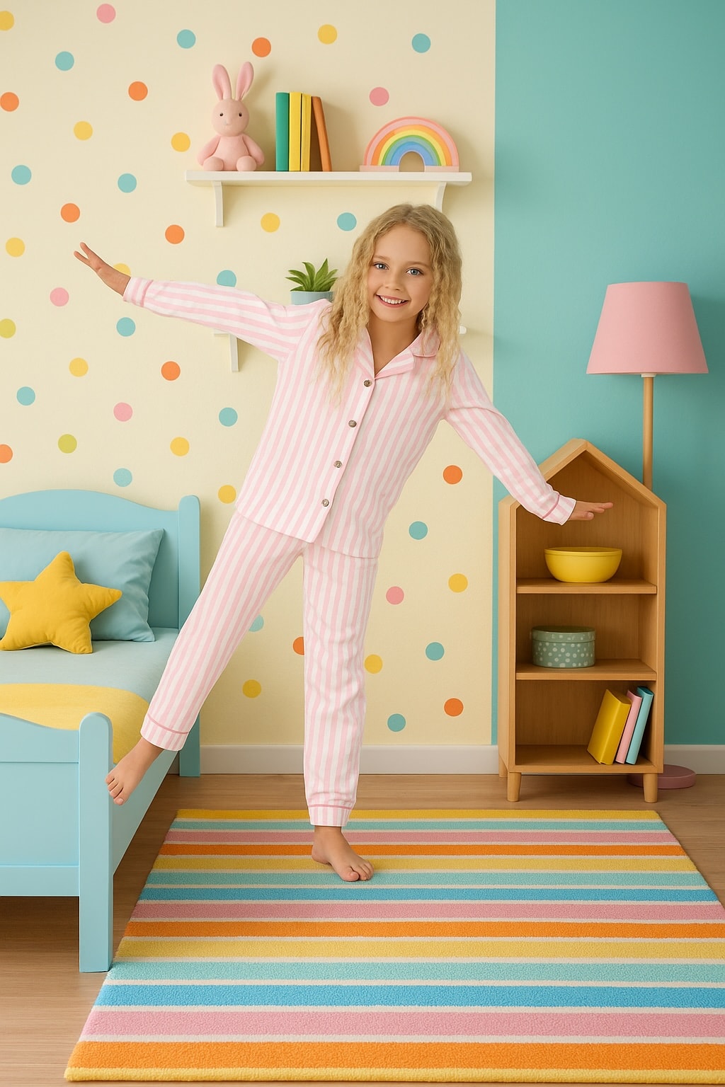 Pembe Beyaz Çizgili Düğmeli Kız Çocuk Pijama Takım