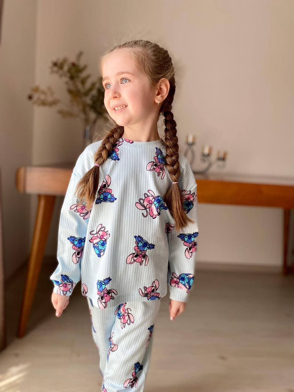 MinyKids Buz Mavisi Stitch Desen Fitilli Kız Çocuk Pijama Takım