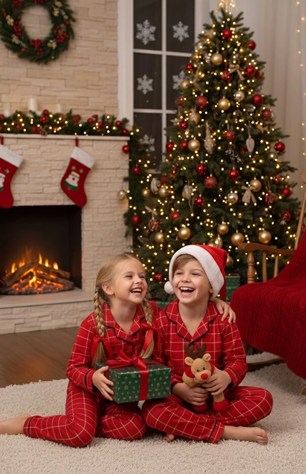 Kareli Kırmızı %100 Pamuklu Önden Düğmeli Erkek Çocuk Pijama Takım