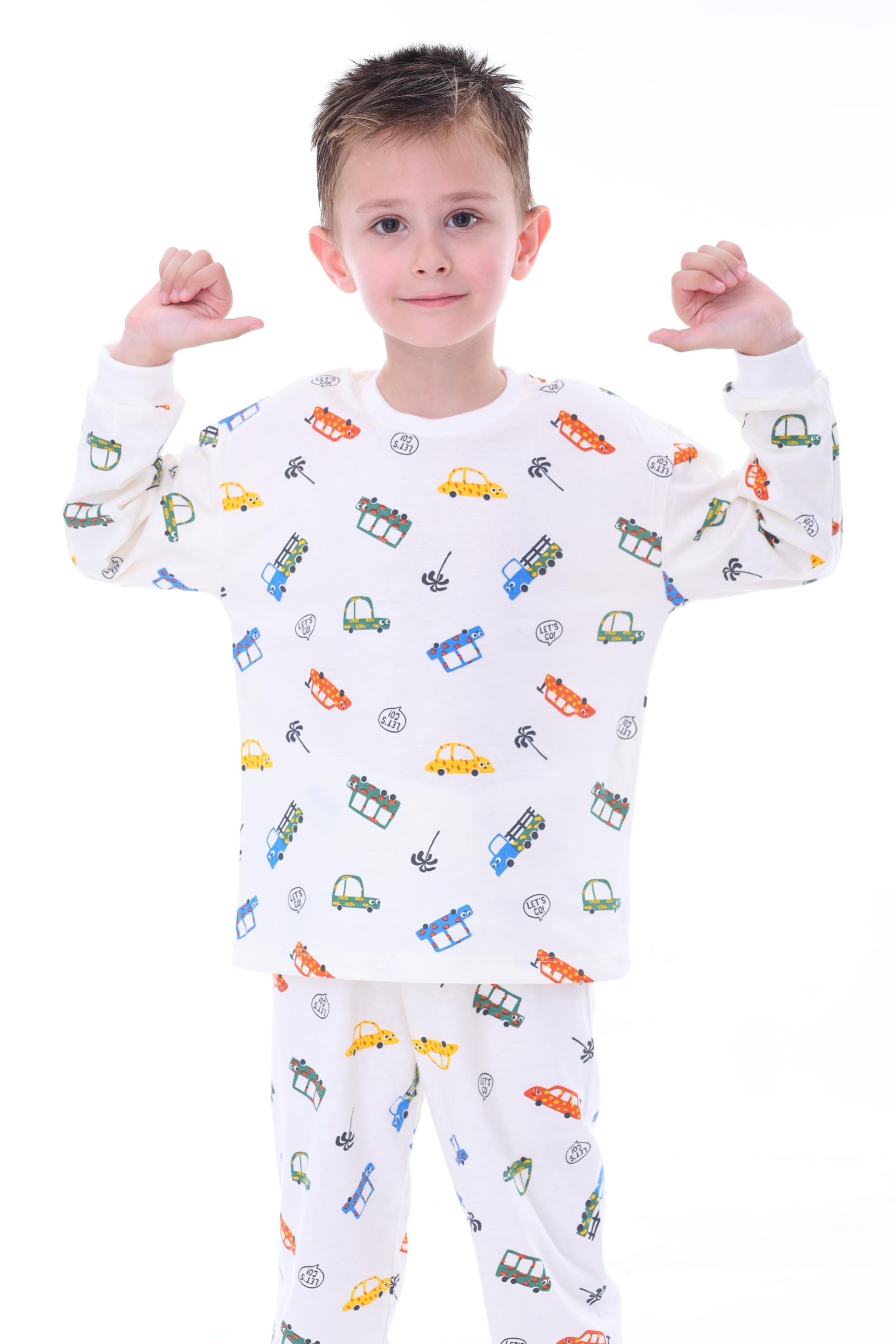 MinyKids Araba Desenli Krem Renk Çocuk Pijama Takımı