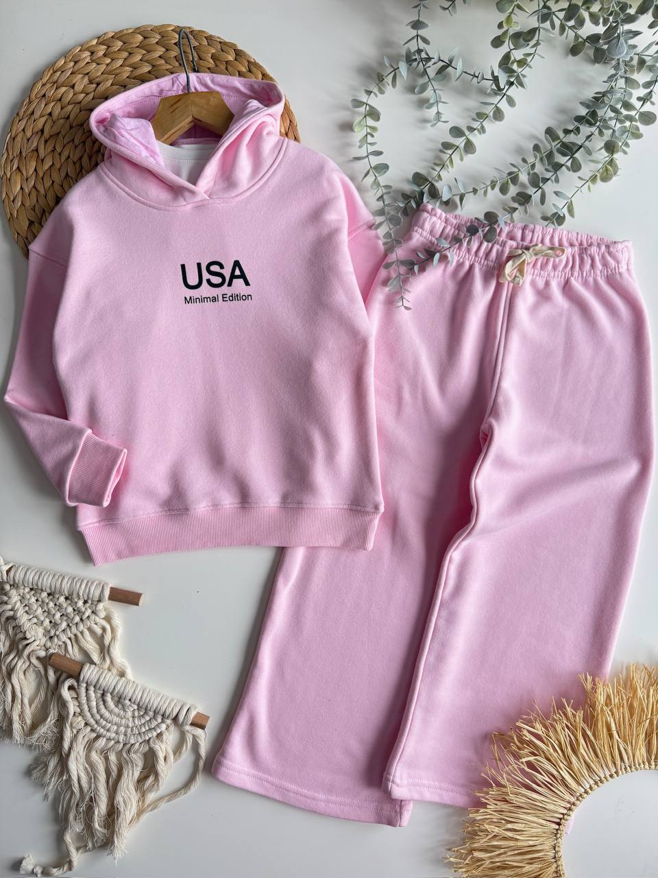 Kapüşonlu Pembe Sweatshirt ve Geniş Paça Eşofman Takım %100 Pamuk 5-14 Yaş