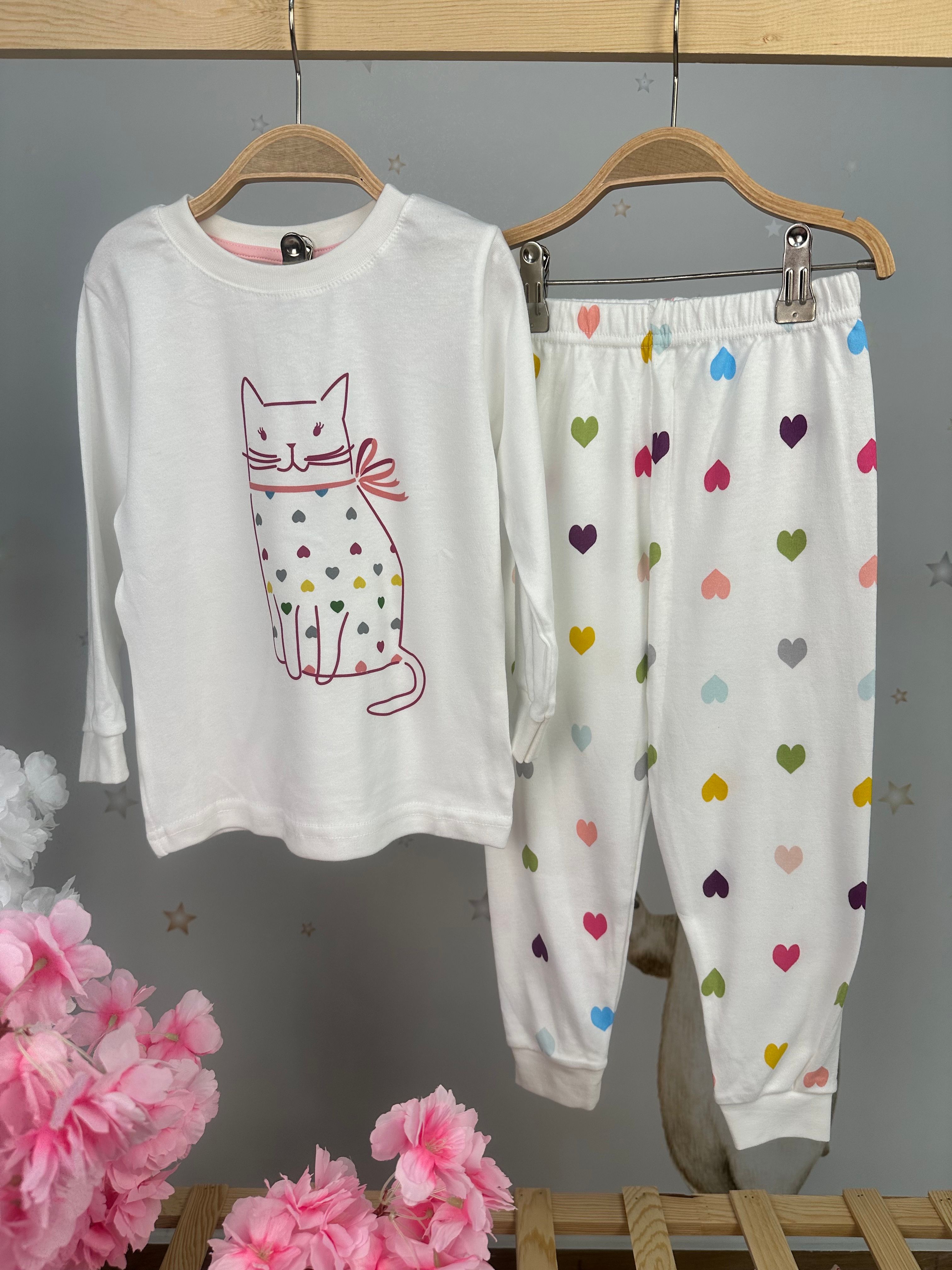 MinyKids Kedi Desen Beyaz Kız Çocuk Pijama Takım