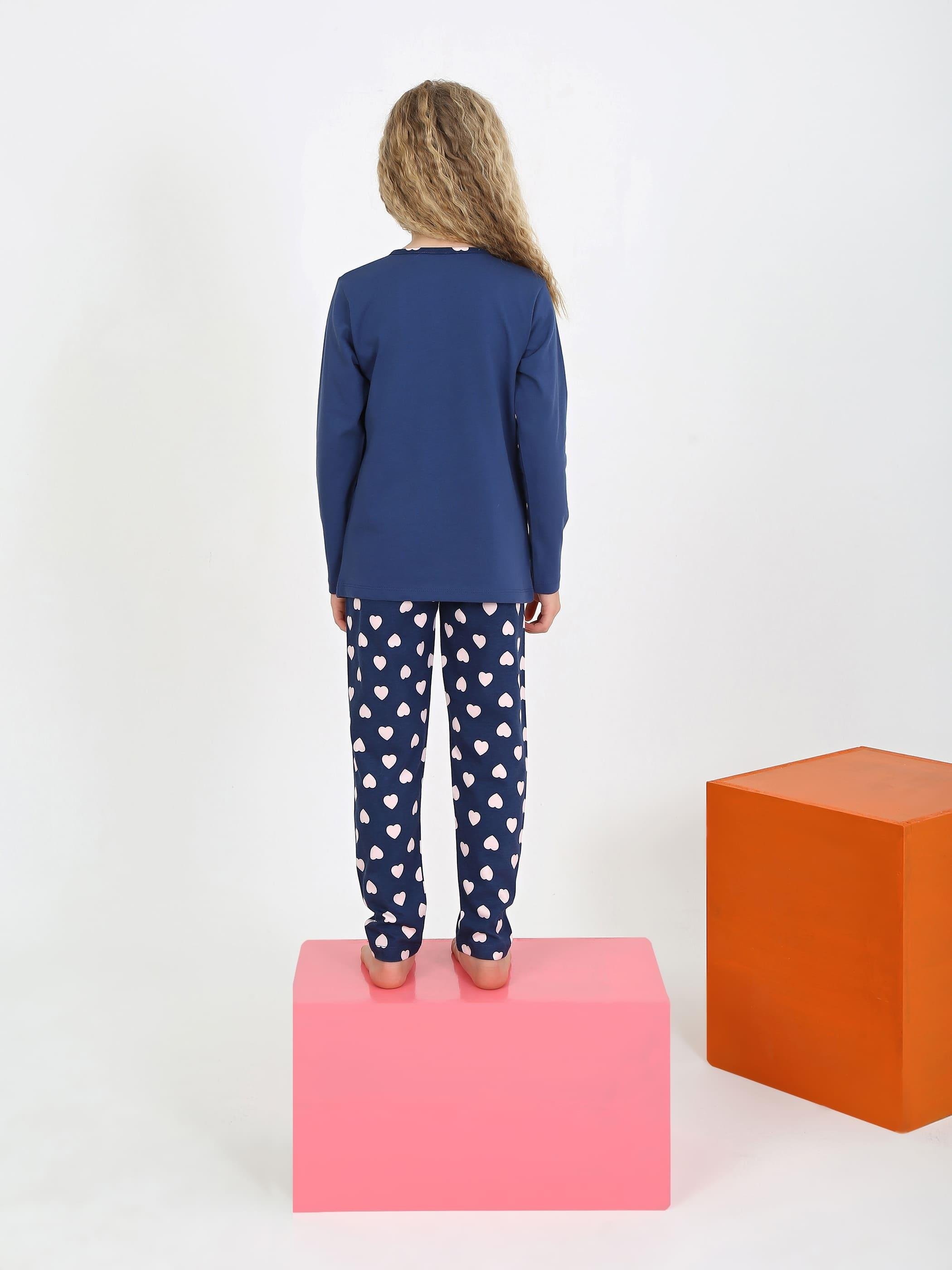 MinyKids Kalp Desen Lacivert Düğme Model Kız Çocuk Pijama Takım