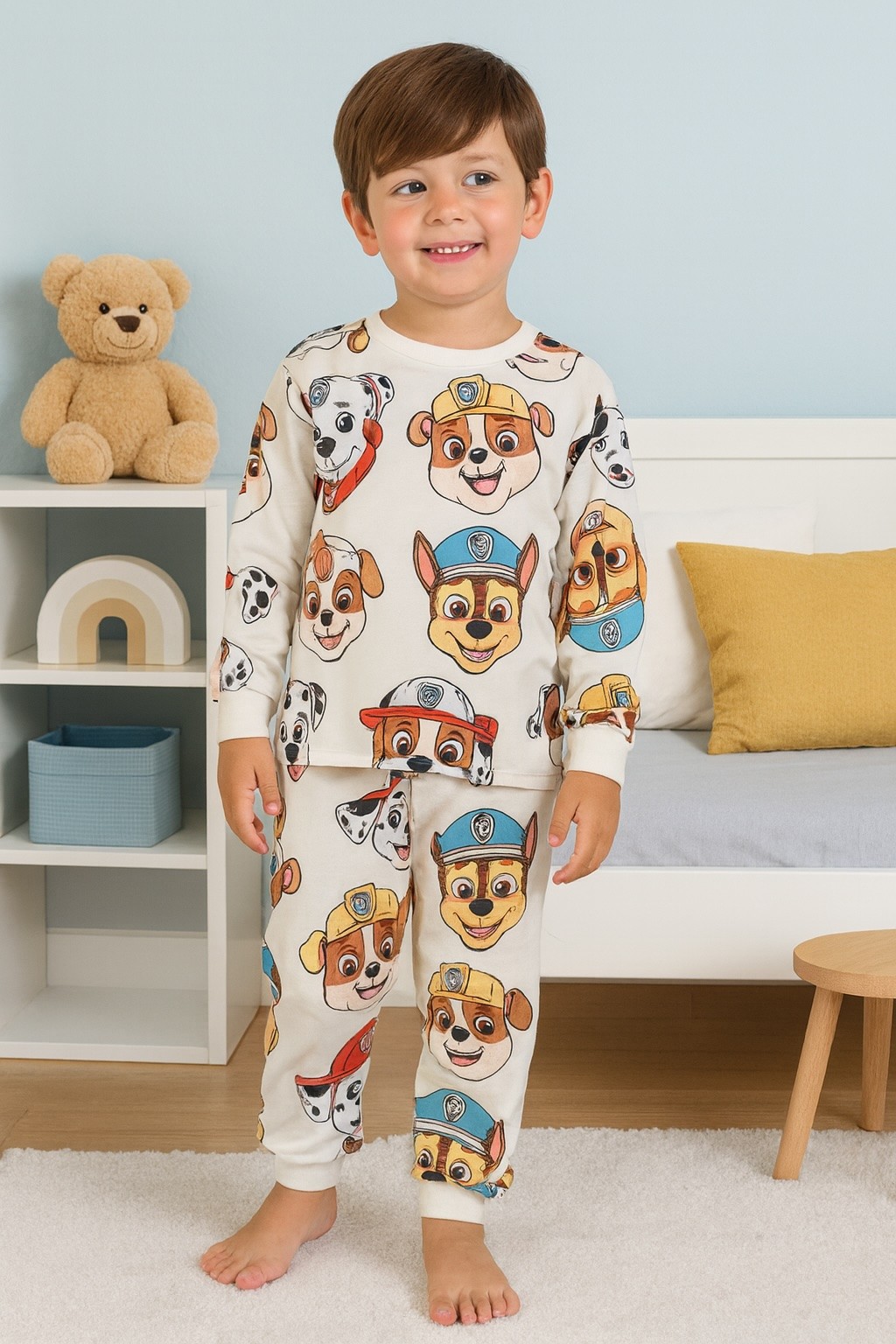 MinyKids Paw Patrol Desen %100 Pamuk Ekru Renk Erkek Çocuk Pijama Takım