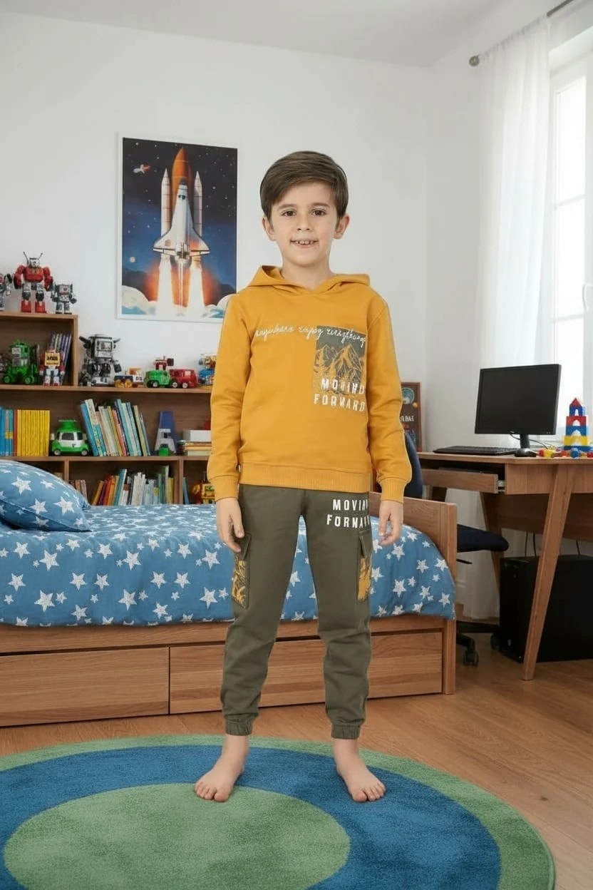 Dağ Desen 2iplik Şardonlu Hardal Rengi Kapüşonlu Kargo Cep Erkek Çocuk Alt Üst Takım