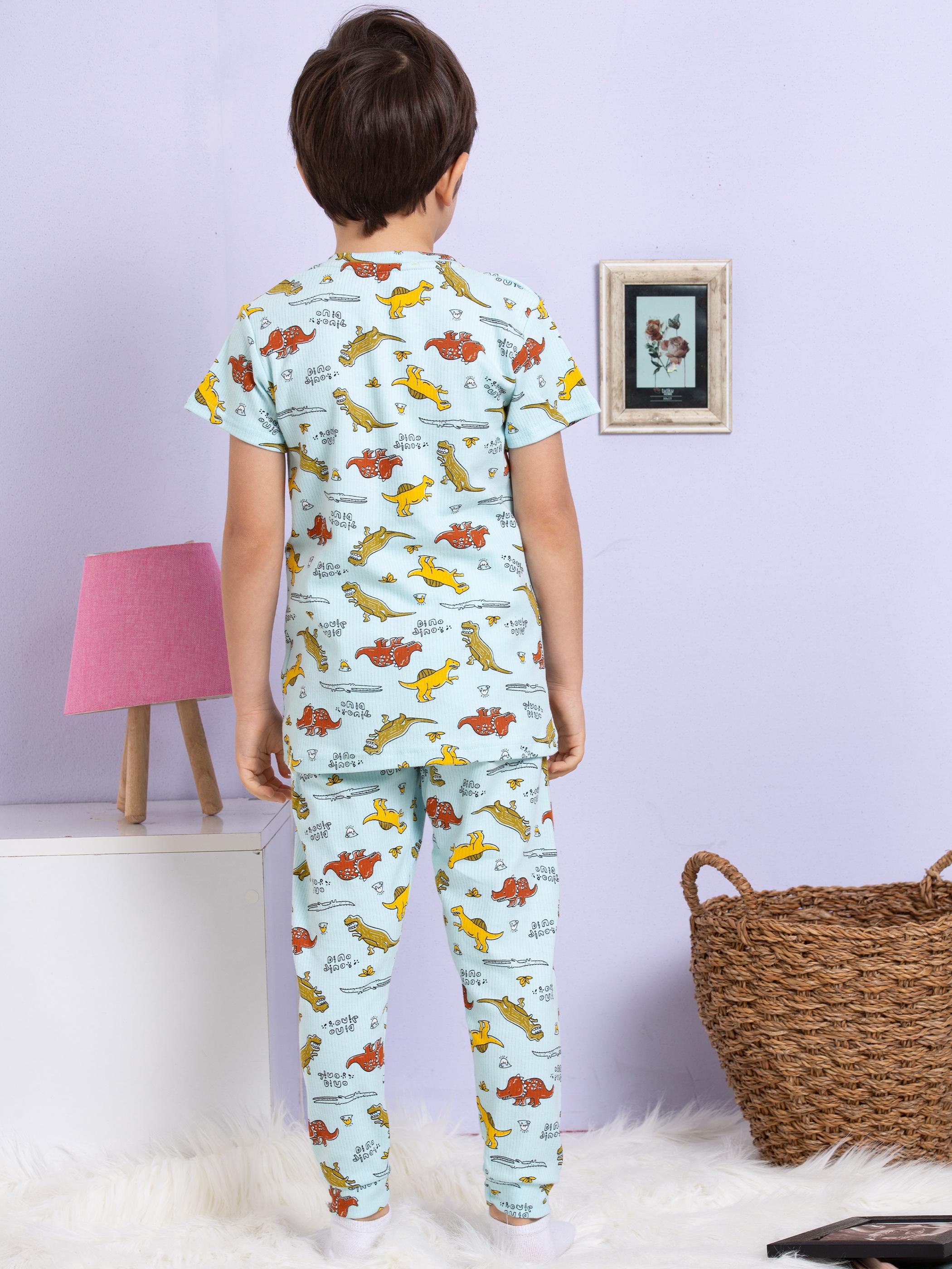 MinyKids Dinozor Desenli Fitilli Kumaş Mavi Pijama Takımı