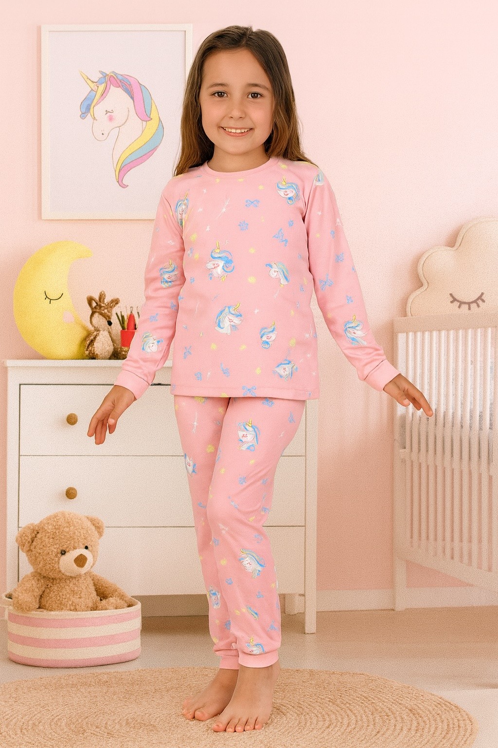 MinyKids Unicorn Desen %100 Pamuklu Pembe Kız Çocuk Pijama Takım