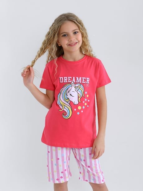 MinyKids Unicorn Desen Koyu Pembe Kapri %100 Pamuklu Kız Çocuk Pijama Takım