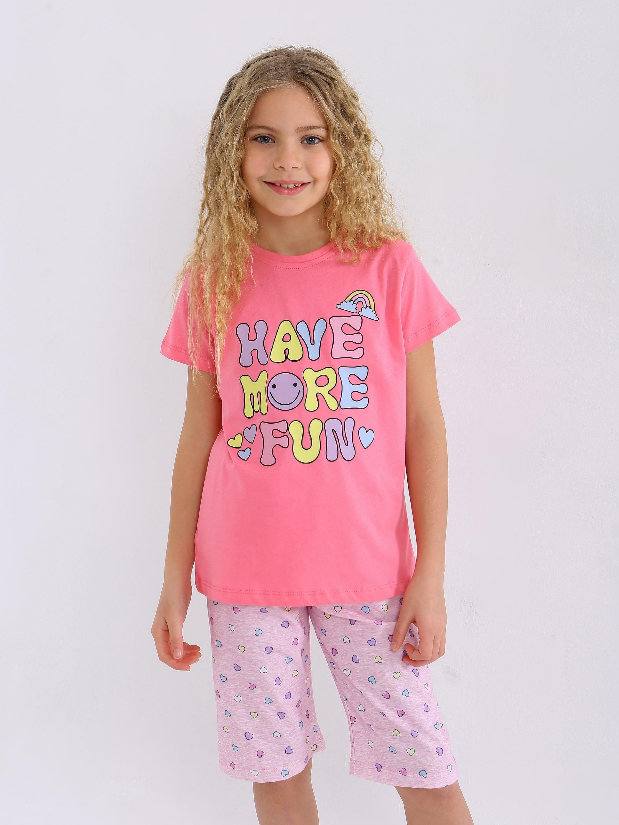 MinyKids Kalp Desen Pembe Kapri %100 Pamuklu Kız Çocuk Pijama Takım