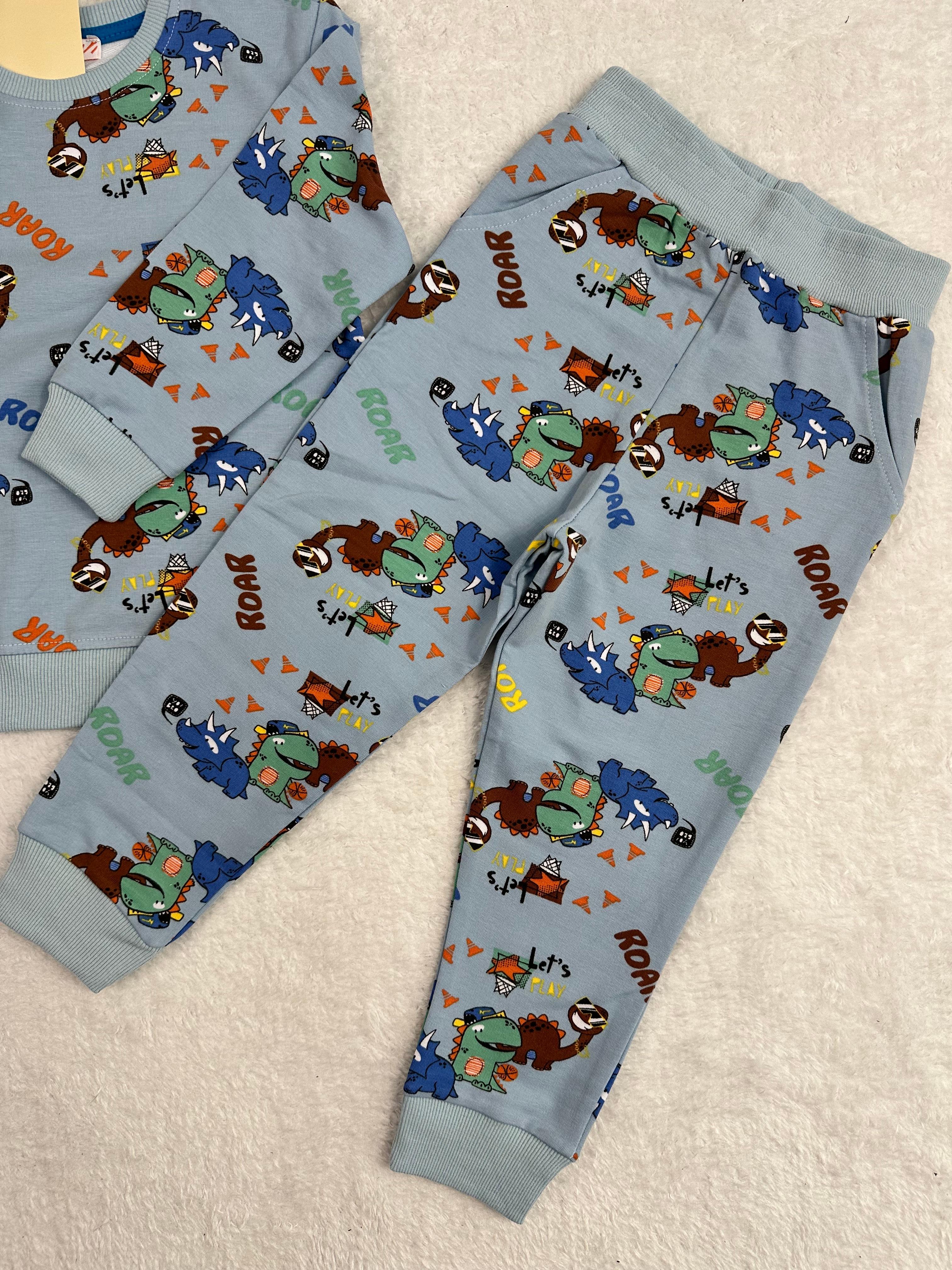 MinyKids Dinozor Desen Cepli 3İplik Mavi Erkek Çocuk Pijama Takım